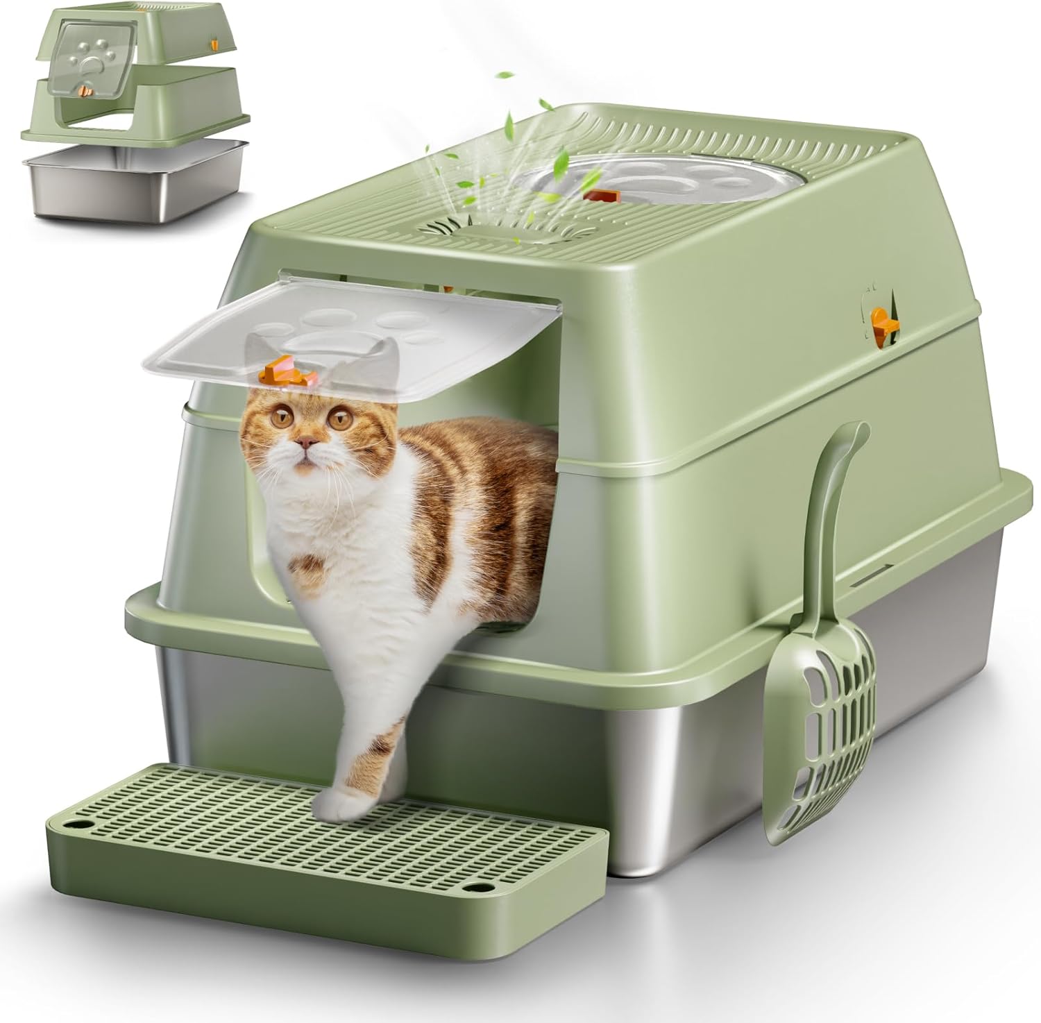 Lettiera per Gatti in Acciaio Inox, Lettiera Gatto Chiusa XXL, Lettiera Gatto Grande con Pala in Metallo, Doppio Strato Opaco Toilette per Gatti Grande - Grigio