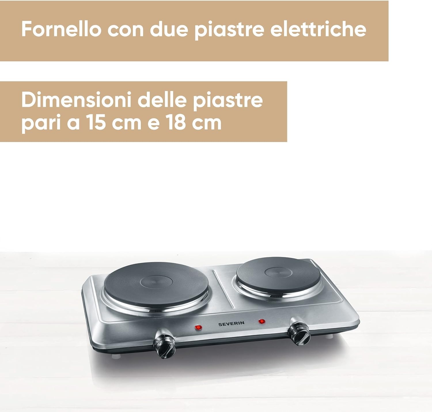 SEVERIN DK 1014 Fornello elettrico a due fuochi, Ø 18 cm x 1500 W + Ø 15 cm x 1000 W, Fondelli in ghisa indeformabili, Controllo in continuo della temperatura con 2 termostati, corpo in acciaio inox
