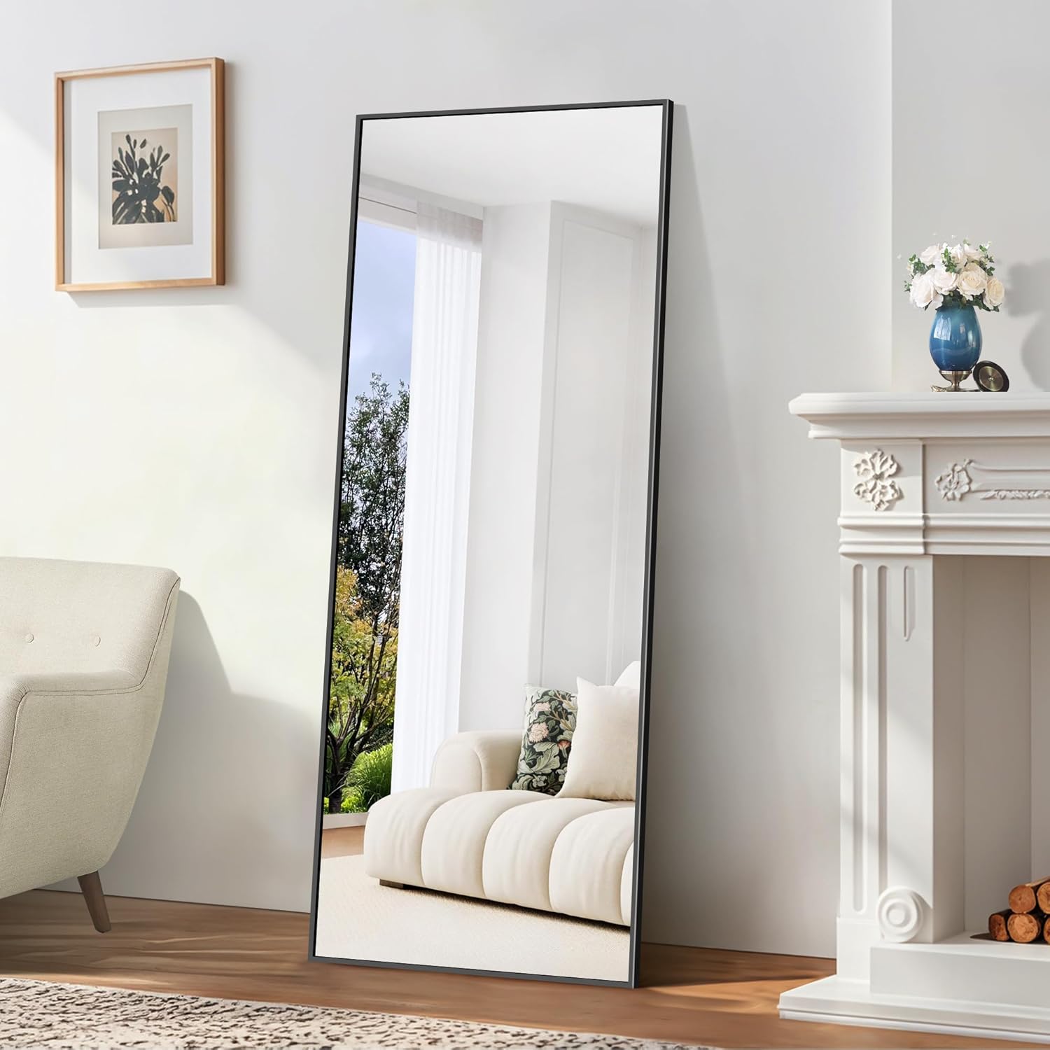 BONEWEI Specchio da Terra 161x52 cm, Specchio Rettangolare a Figura Intera con Cornice in Alluminio Nero, moderno grande specchio da parete in piedi o da appendere, per Soggiorno, Spogliatoio