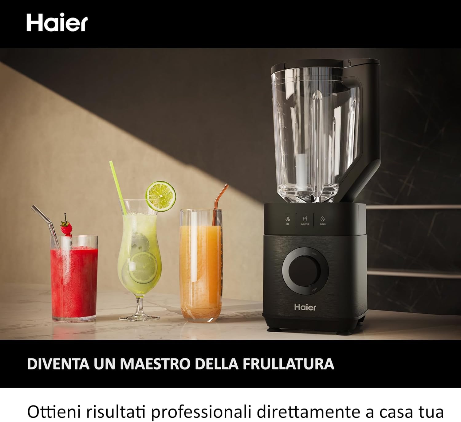 Haier Frullatore I-Master Serie 5, Funzione Ice Crush, Smoothie, 5 velocità variabili, pulizia automatica, caraffa in vetro da 1,7 L, Personal Jug 0,6 1200 W [Nero]