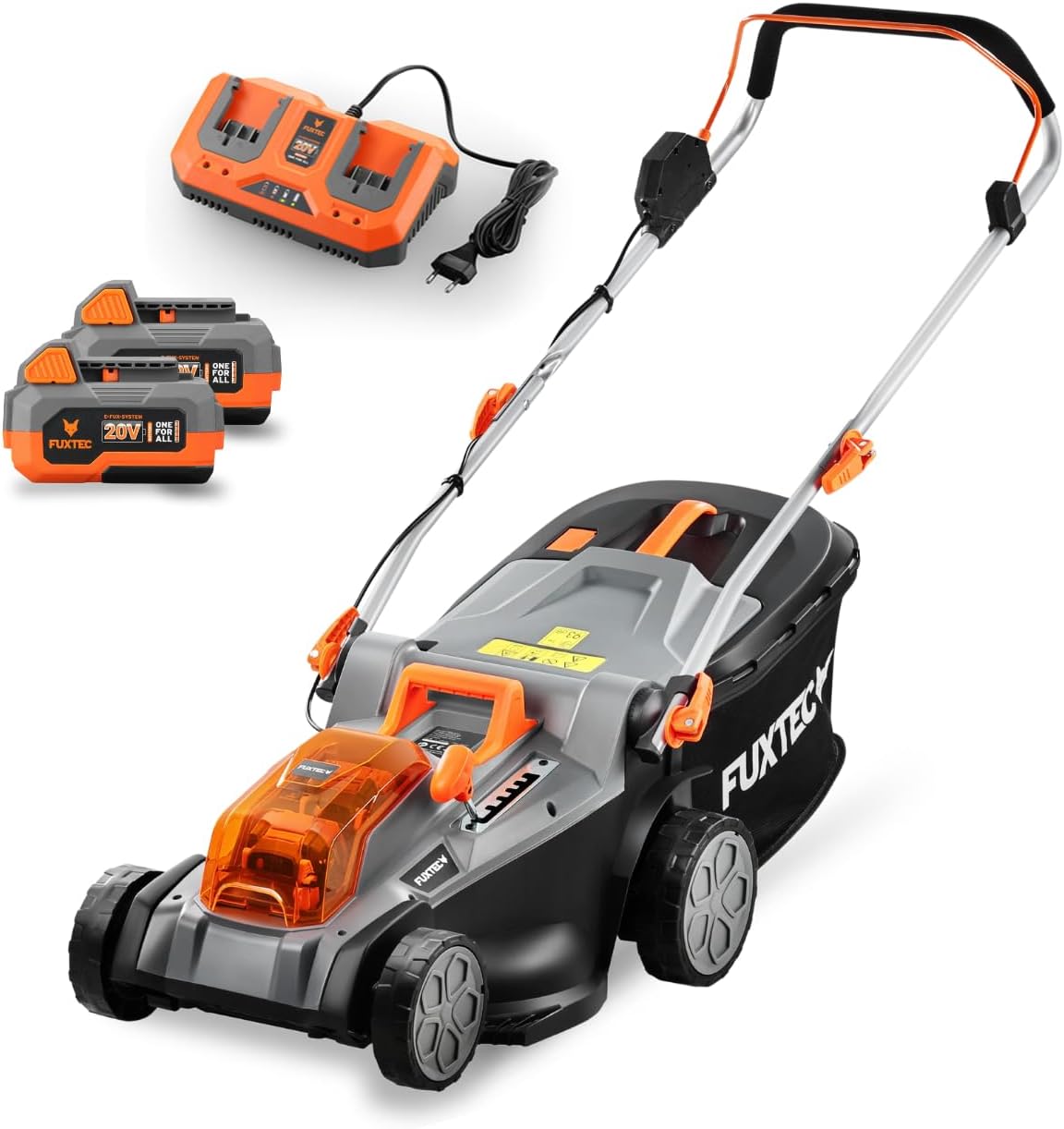 Fuxtec Electric Cordless Lawn Mower E2RM37-40V (2 x 20 V), Cutting Width 37 cm, Height Adjustable, Wireless – Set with Battery and Charger Included