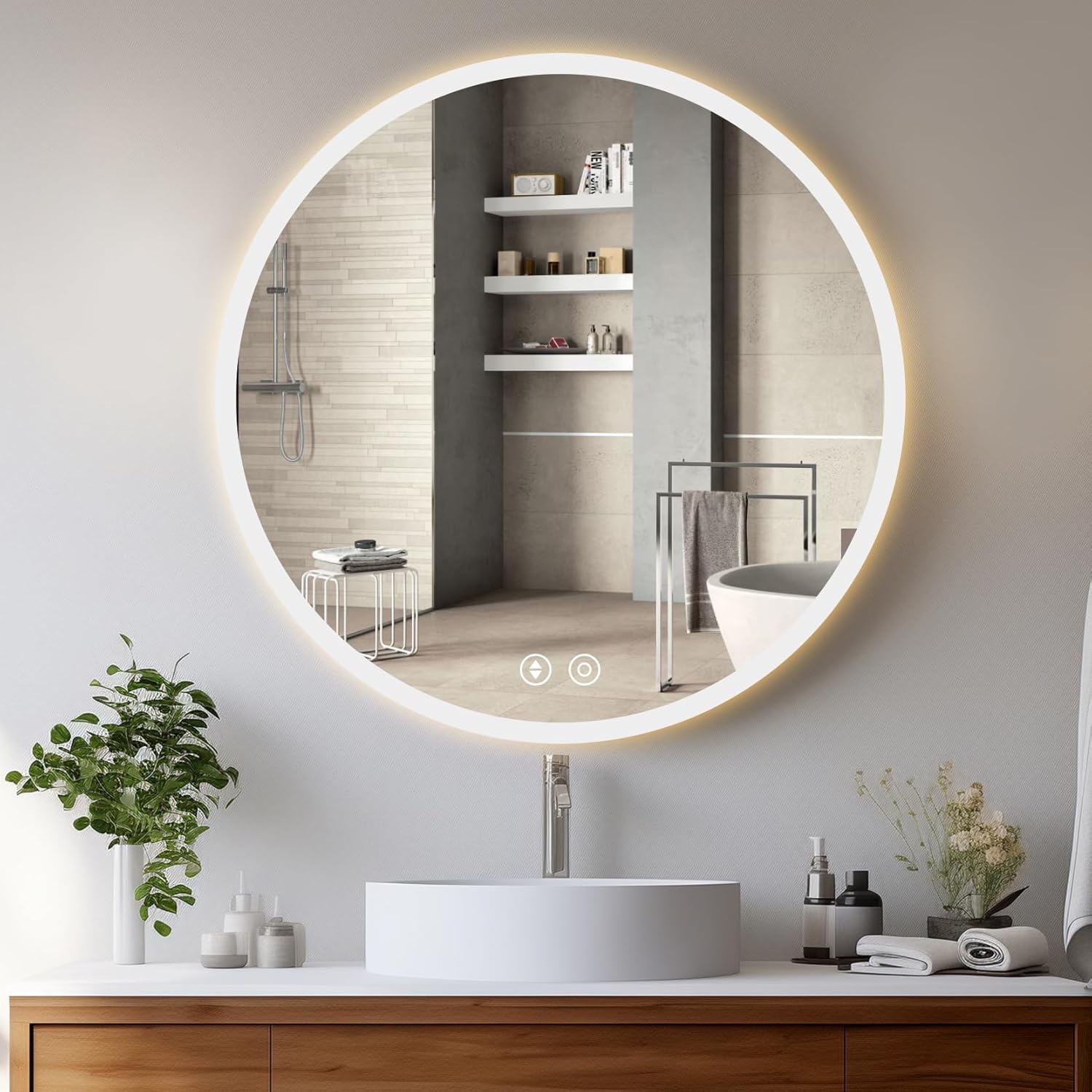 YOLEO Specchio Bagno Rotondo con Luce LED Orientabile in 3 Colori, 50 x 50 cm Specchio da Bagno con Interruttore Touch e Funzione Antiappannamento, 6400 K