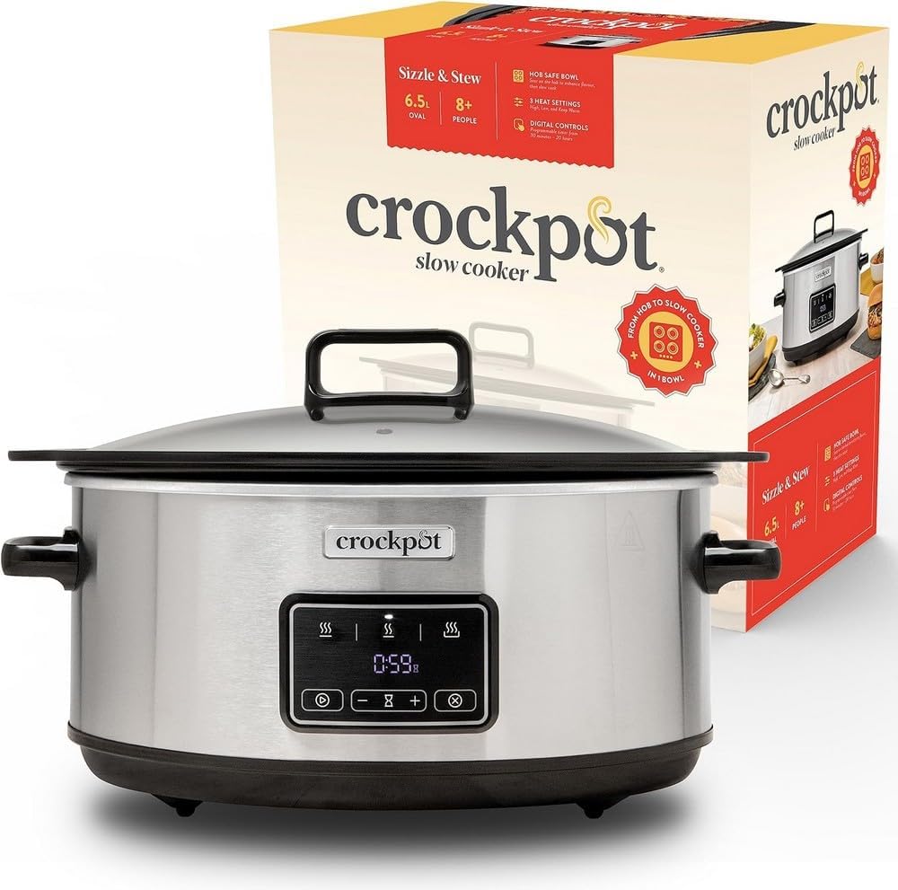 Crockpot Sizzle & Stew Digital Slow Cooker 3.5L (3-4 Persons) Removable Container Suitable for Induction, Meat and Vegetables EU Plug 2 Pin Stainless Steel