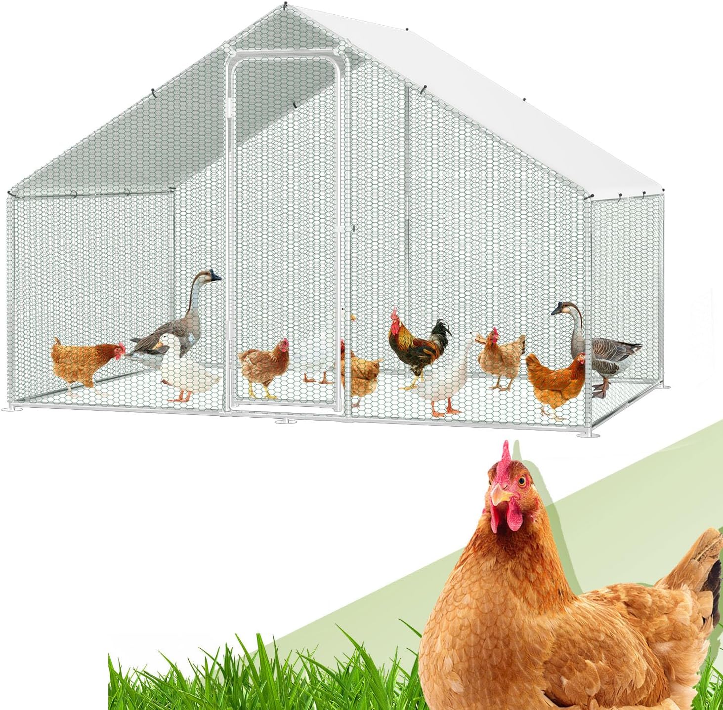 Randaco XXL Chicken Coop Fence with Lock, 3 x 4 x 2 m, Galvanised Steel for Small Animals with Waterproof Polyethylene Cloth, Sturdy Steel Frame, Poultry Farm