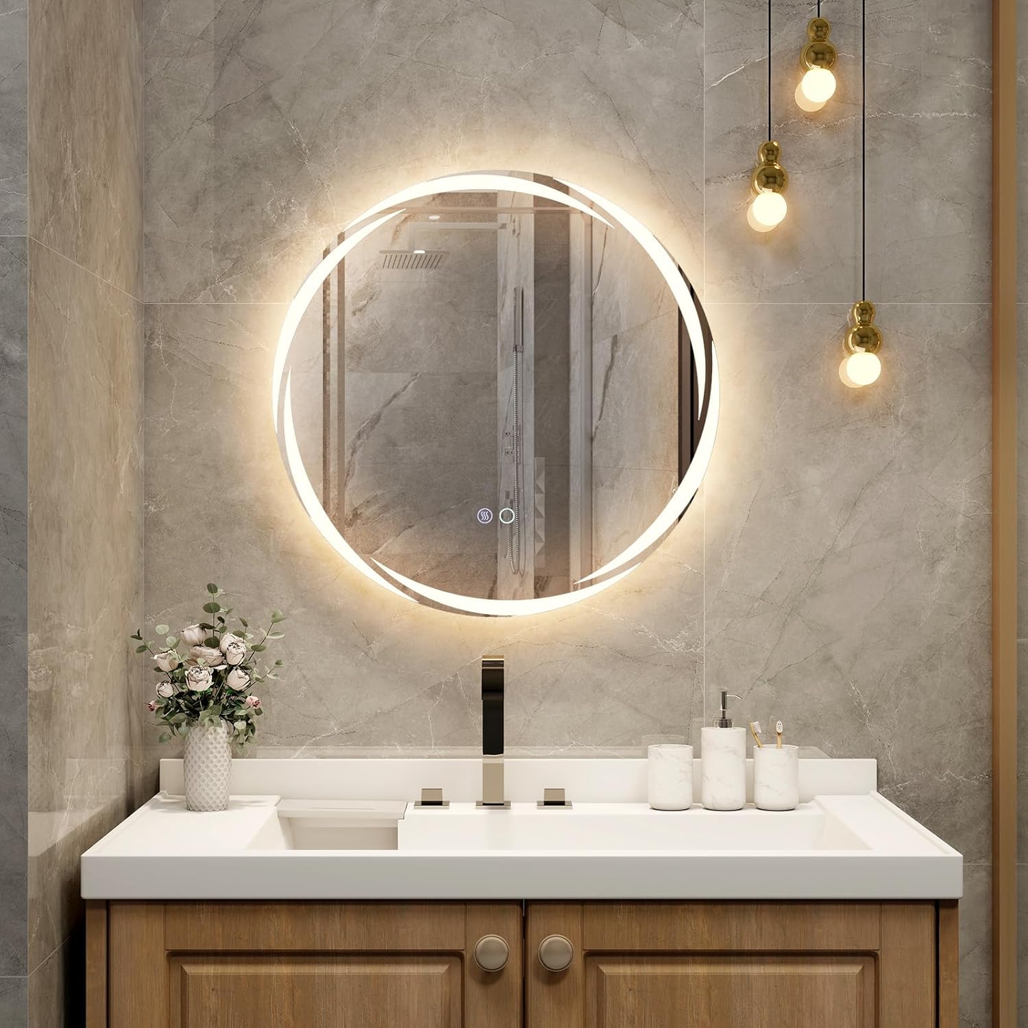 RELAX4LIFE Specchio da Bagno LED Rotondo 60 CM, a Muro con Luci Dimmerabili a 3 Colori, con Funziona Anti-Appannamento, Specchio Senza Cornice per Bagno, Ingresso