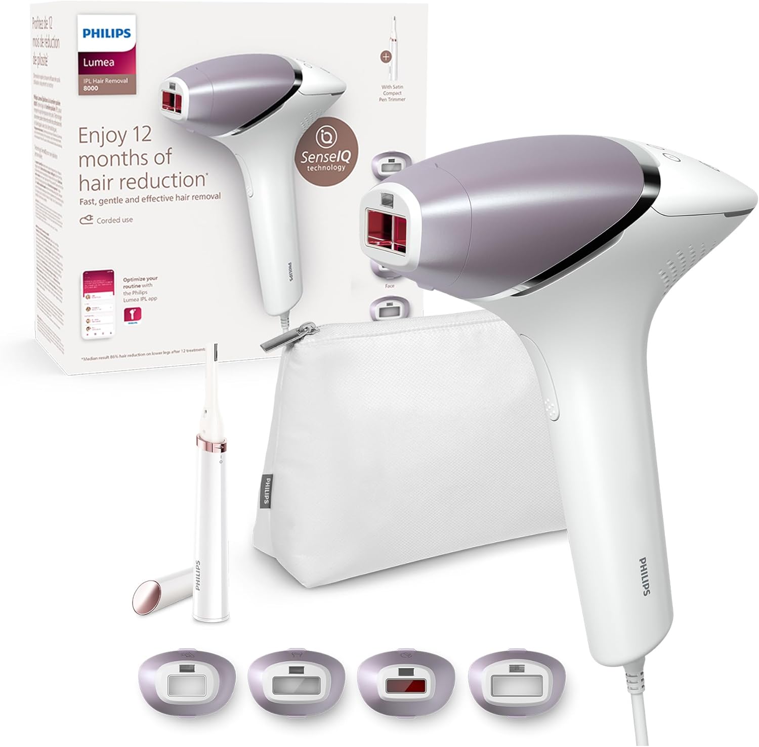 Philips Lumea IPL serie 8000 - Dispositivo di Epilazione a Luce Pulsata con Tecnologia SenseIQ, 4 Accessori e Rifinitore a Penna Satin Compact, Utilizzo con Filo (Modello BRI949/00)