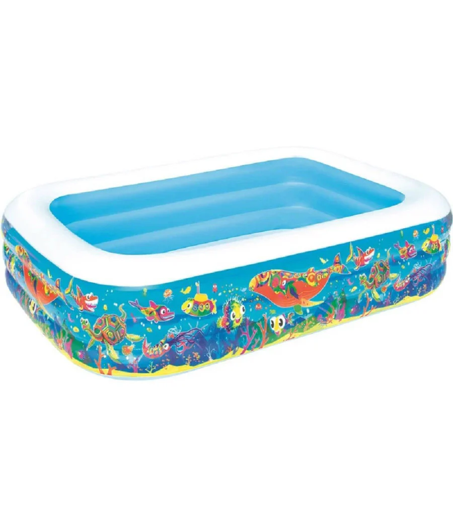 Trade Shop - Piscina Gonfiabile Family Rettangolare 3 Anelli Fantasia Pesci 229x152x56cm