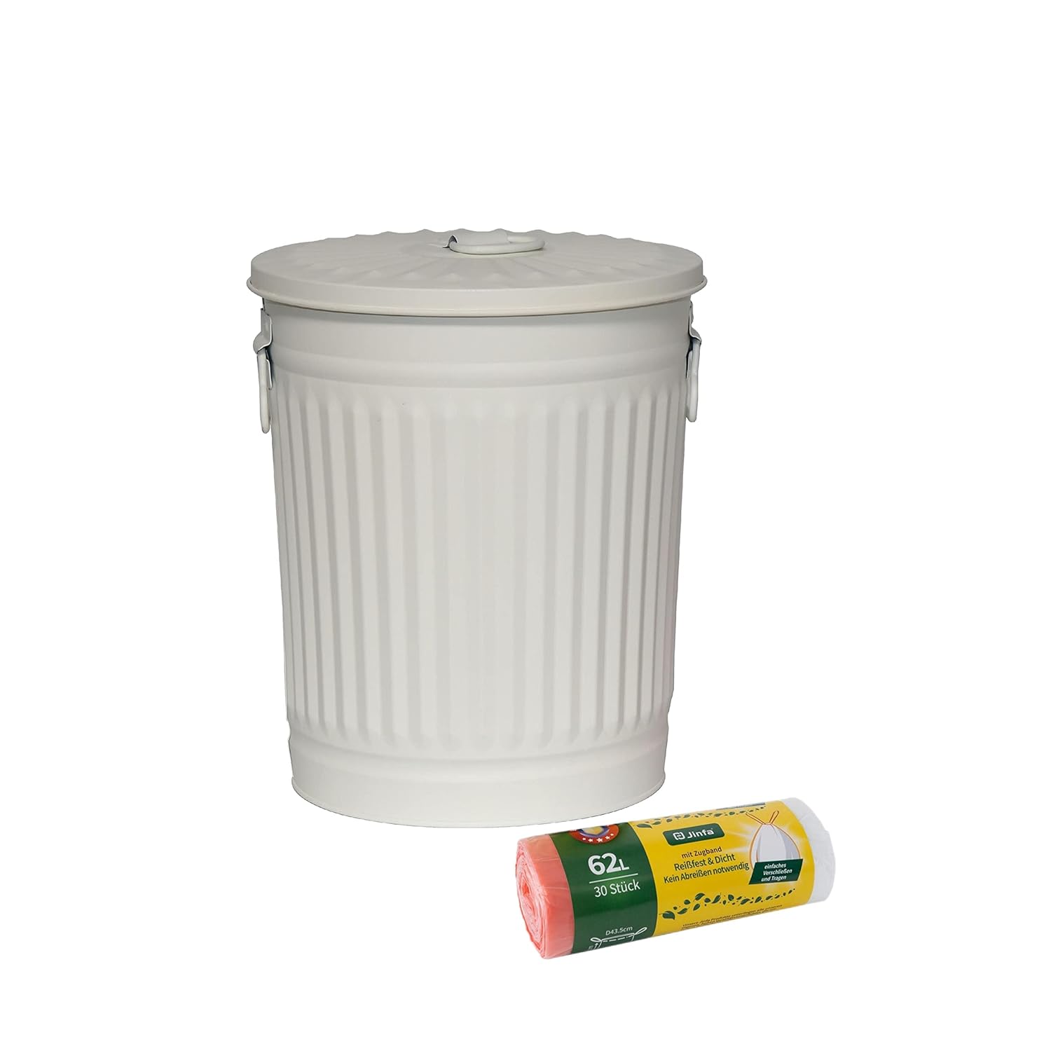Jinfa Set da 2 Bidoni in metallo con manici e coperchio + 30 sacchetti per pattumiera | Bianco crema | 62L