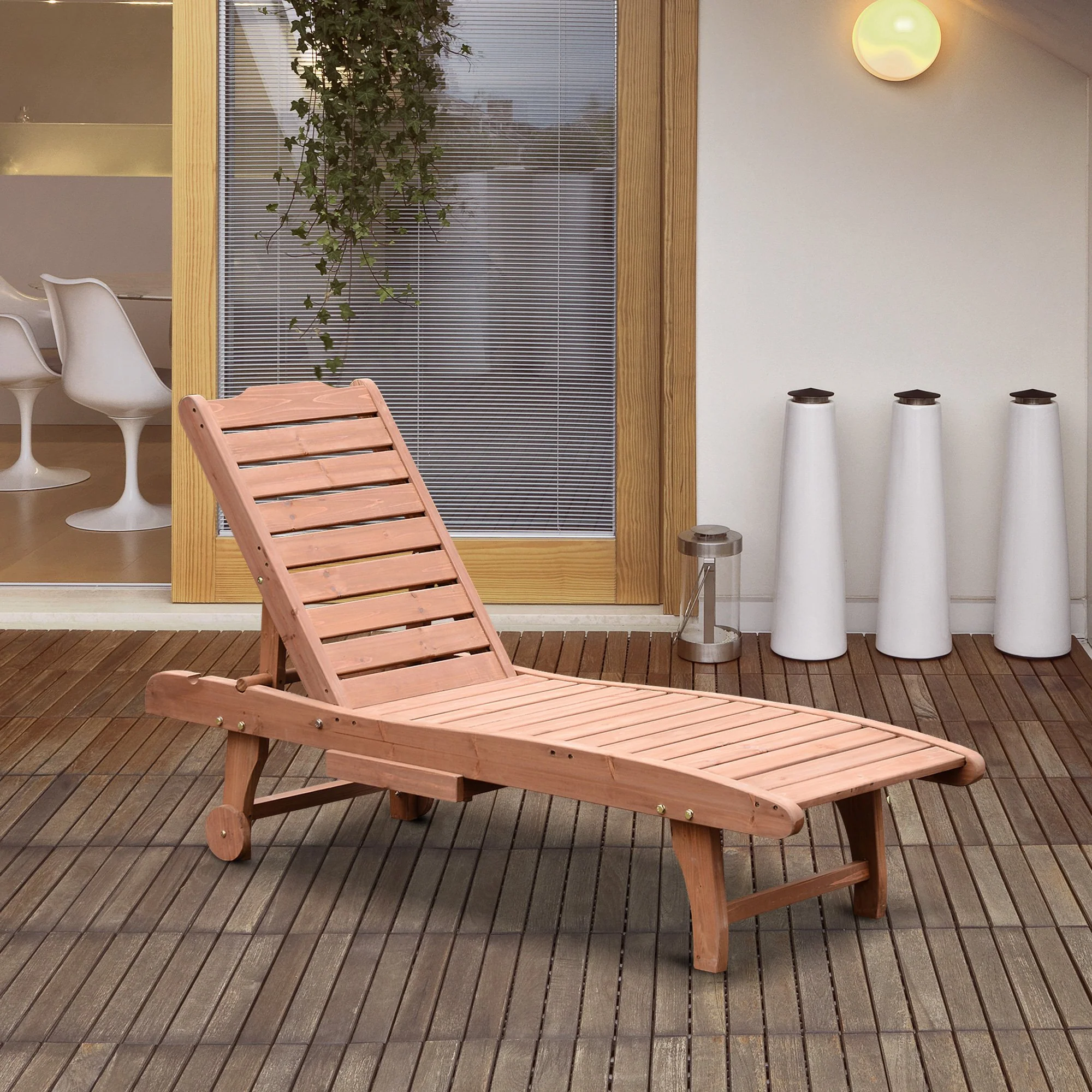 EasyComfort Lettino Prendisole in Legno, Lettino Sdraio da Giardino con Ruote e Vassoio Estraibile 182x60x35cm