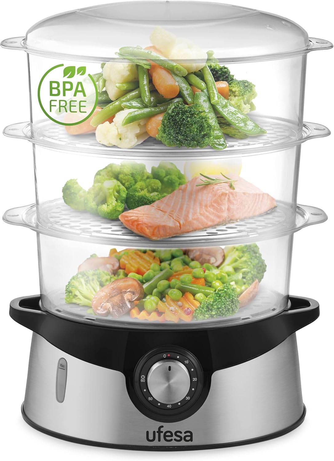 Ufesa CV4000 Steamer 800 W, 3 Stacking Trays, 9 L Capacity, 60 min Timer, Includes 1 Litre Rice Bowl and Egg Holder, BPA-Free, Stainless Steel
