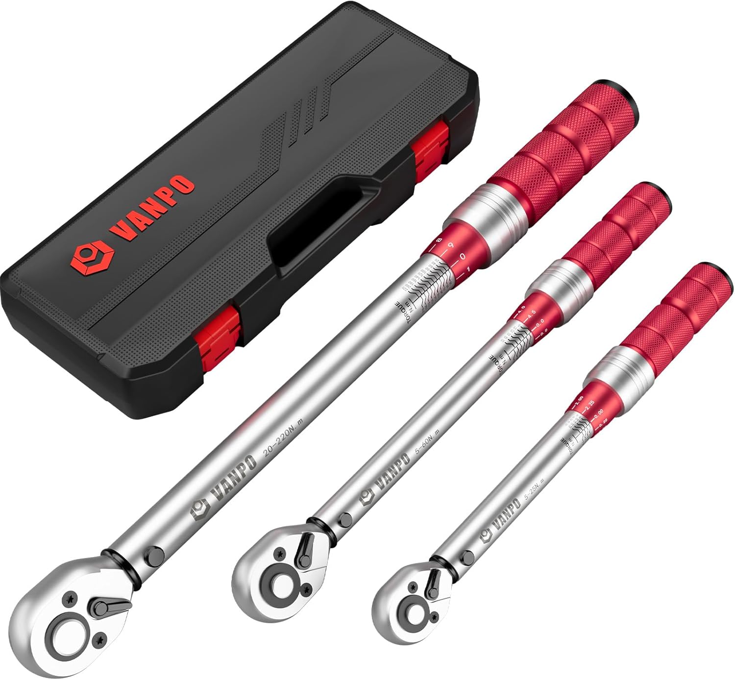 VANPO Chiave Dinamometrica 3/8'', 5-60Nm Moto e Bici Chiavi Manutenzione Set, Precisione ± 3% con 25cm Barra di Prolunga, Giunto Universale, Presa Magnetica per Candele, Torx e Presa