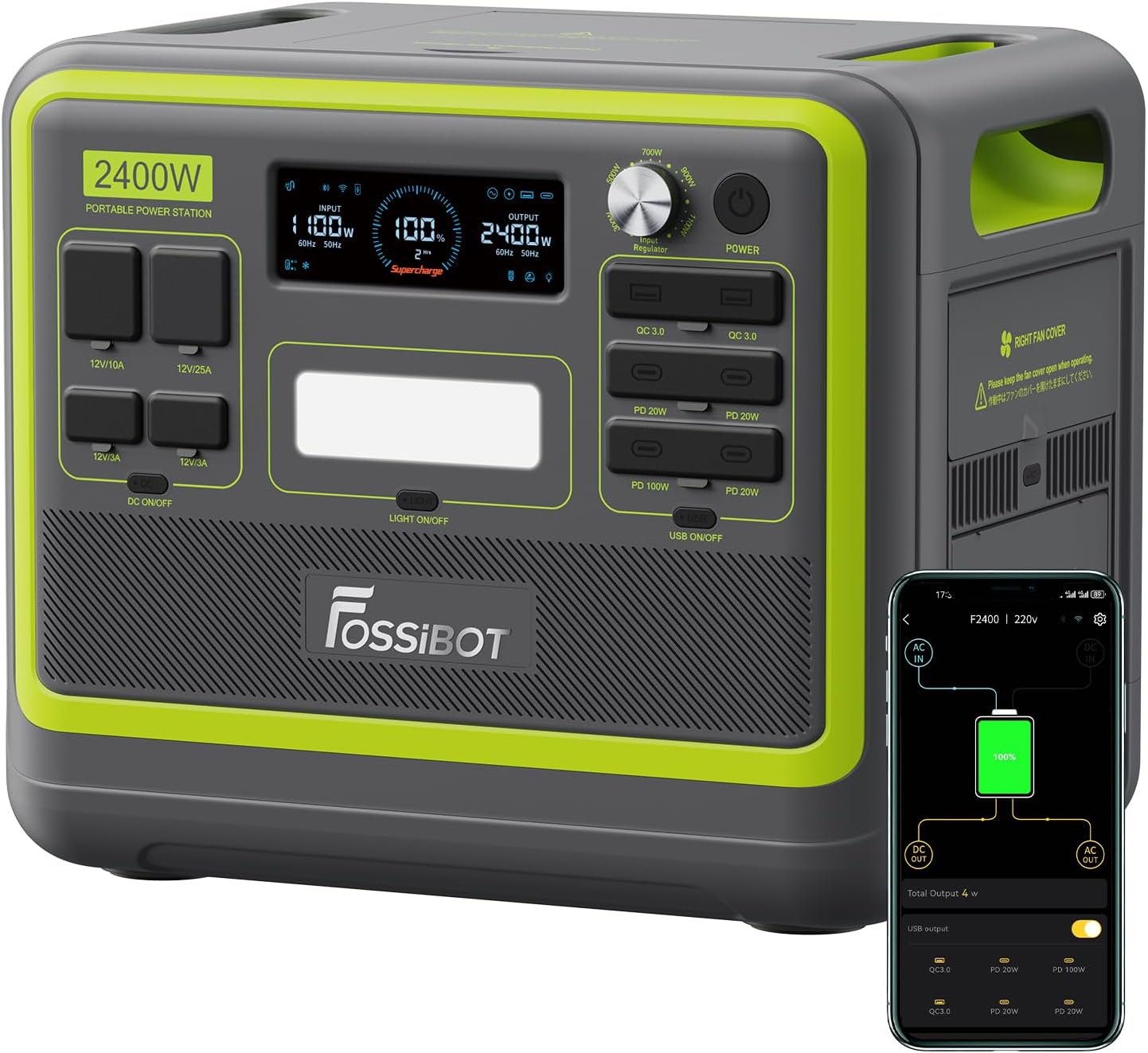 FOSSiBOT F2400 Portable Power Station & Solar Generator, 2048Wh LiFePO4 Backup Battery, 2400W AC Output (Peak 4800W) AC DC USB Plug Suitable for Camper and Outdoor Travel