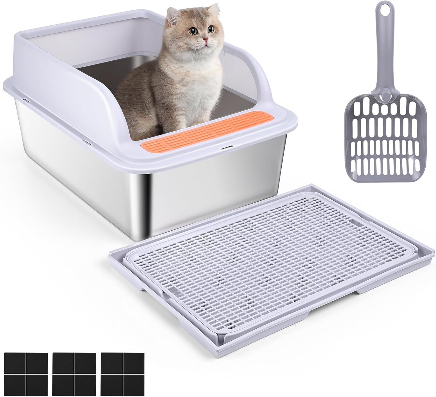 Lettiera Gatto Acciaio Inox, Banaone XL Toilette per Gatti, 20L Paletta Lettiera Gatto con Paletta in Metallo, Lettiera Gatto Aperta per Gatti di Piccola e Media Taglia, Antiaderente, Antiodore (B)