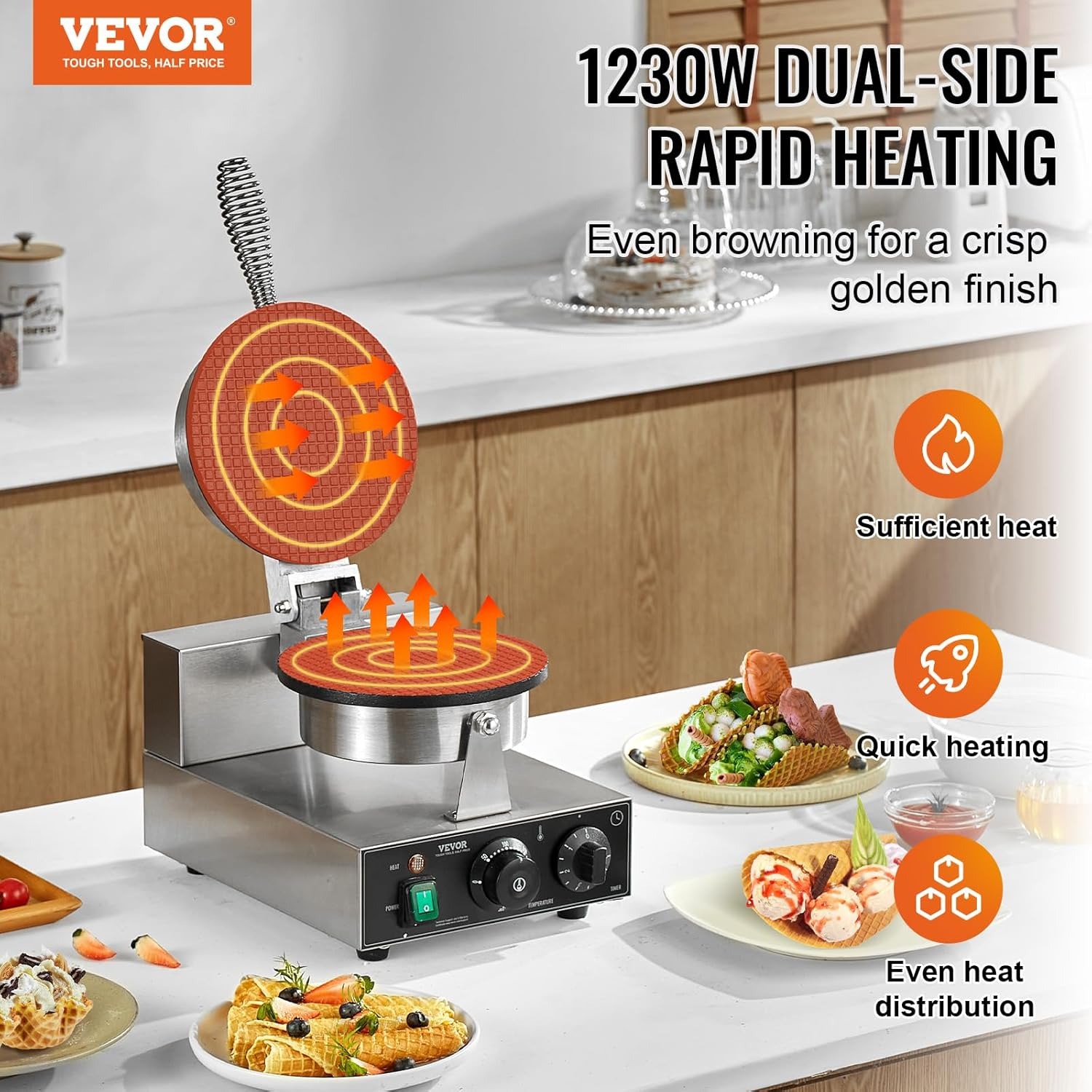 VEVOR Macchina per Coni Gelato Elettrica Commerciale, 1230 W, Stampo per Involtini Primavera in Acciaio Inox Antiaderente, con Controllo Temperatura Tempo, Maniglia, per Ristorante, Snack Bar