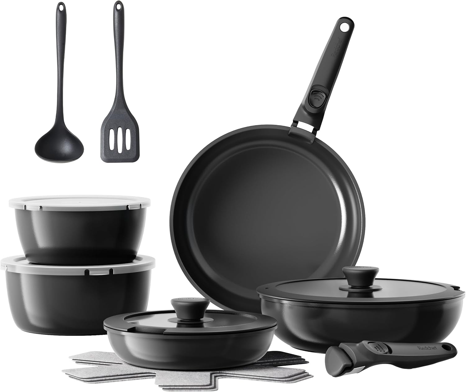 Redchef 16 Piece Non-Stick Ceramic Cookware Set with Removable Handles, 20/26cm Frying Pan, 26cm Frying Pan, 18/20cm Saucepan, Stackable for All Hobs, Oven Safe