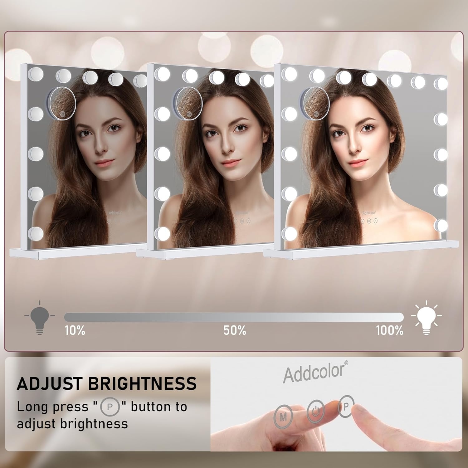 ADDCOLOR Hollywood Specchio Trucco con Luci, Specchio da Tavolo con 15 LED Lampadine e Porta di Ricarica USB, 3 Modalità di Illuminazione Regolabili Specchio da Parete con 10X Specchio (58*2,8*46CM) [Classe di efficienza energetica F]