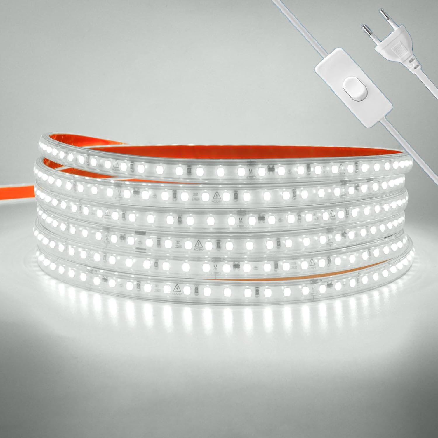 HEGEHE - Striscia LED 220V con on/off, flessibile impermeabile IP65, 120 LED/M Striscia LED CRI90+, installazione con nastro biadesivo, può essere tagliata ogni 10 cm [5M, luce bianca 6000K]