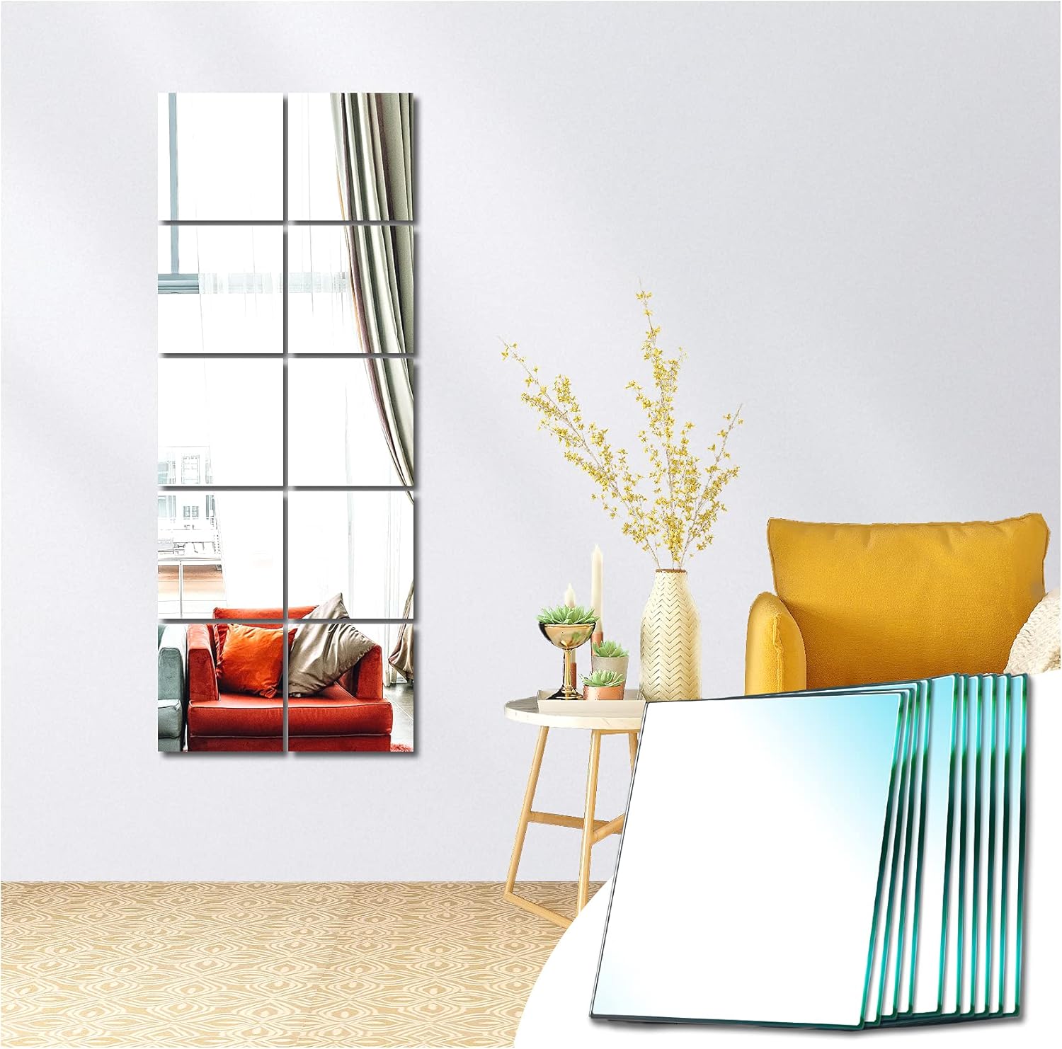 Sqinor Specchio da Parete Lungo Adesivo Vetro Specchio Rettangolare Figura Intera Specchi Muro Specchio Grande da Parete per Camera Da Letto, Soggiorno, Armadio, Porta, Palestra