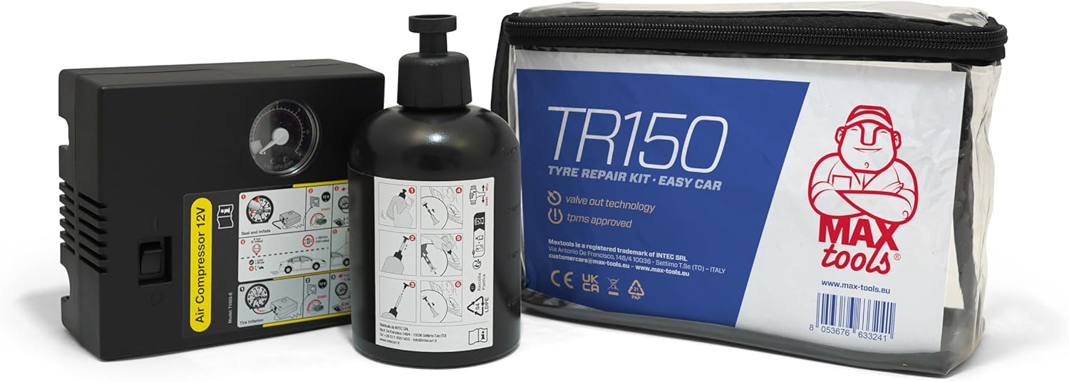 MAXTOOLS TR200, Kit Automatico Riparazione Pneumatici Auto Medie e Monovolume, Ripara Tutti i Tipi di Foratura Gomma, Incluso Potente Compressore Aria 12V