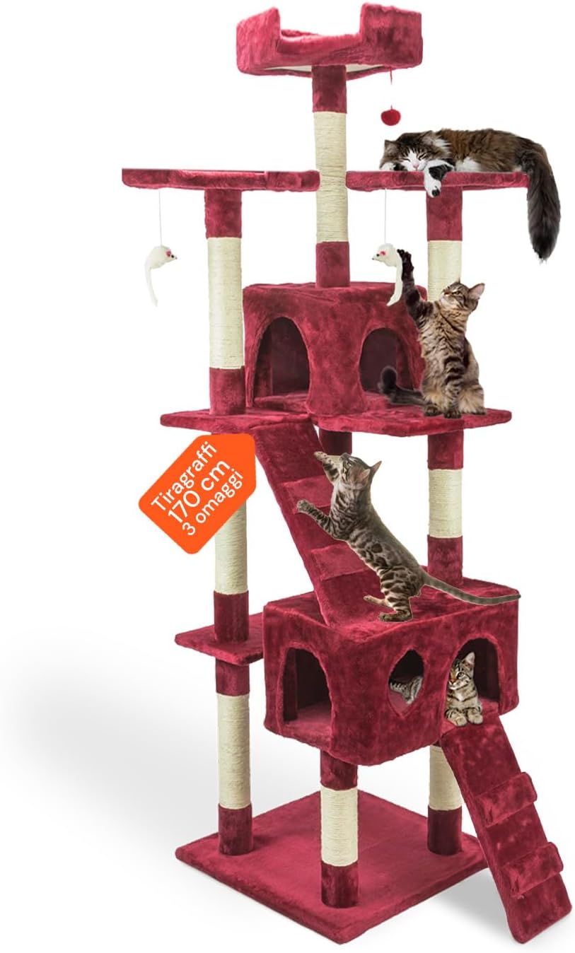 Tiragraffi XXL 170cm con Doppia Cuccia per Gatti Adulti, Albero Giochi in Sisal e Peluche, Piatteforme Relax, Ampio e Sicuro per il Massimo Divertimento dei Gatti Grigio