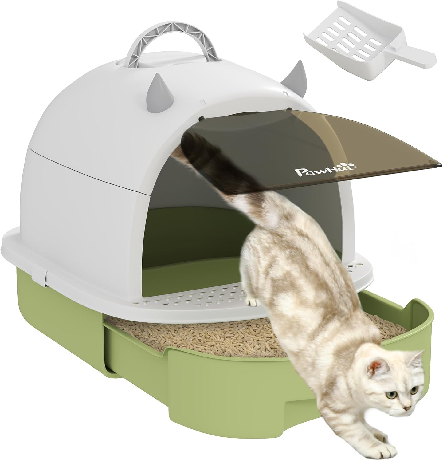 PawHut Closed Cat Litter Tray with Removable Tray, Cat Toilet with Toilet Box for Cats with Handle, Scoop and Activated Carbon Filter (Green)