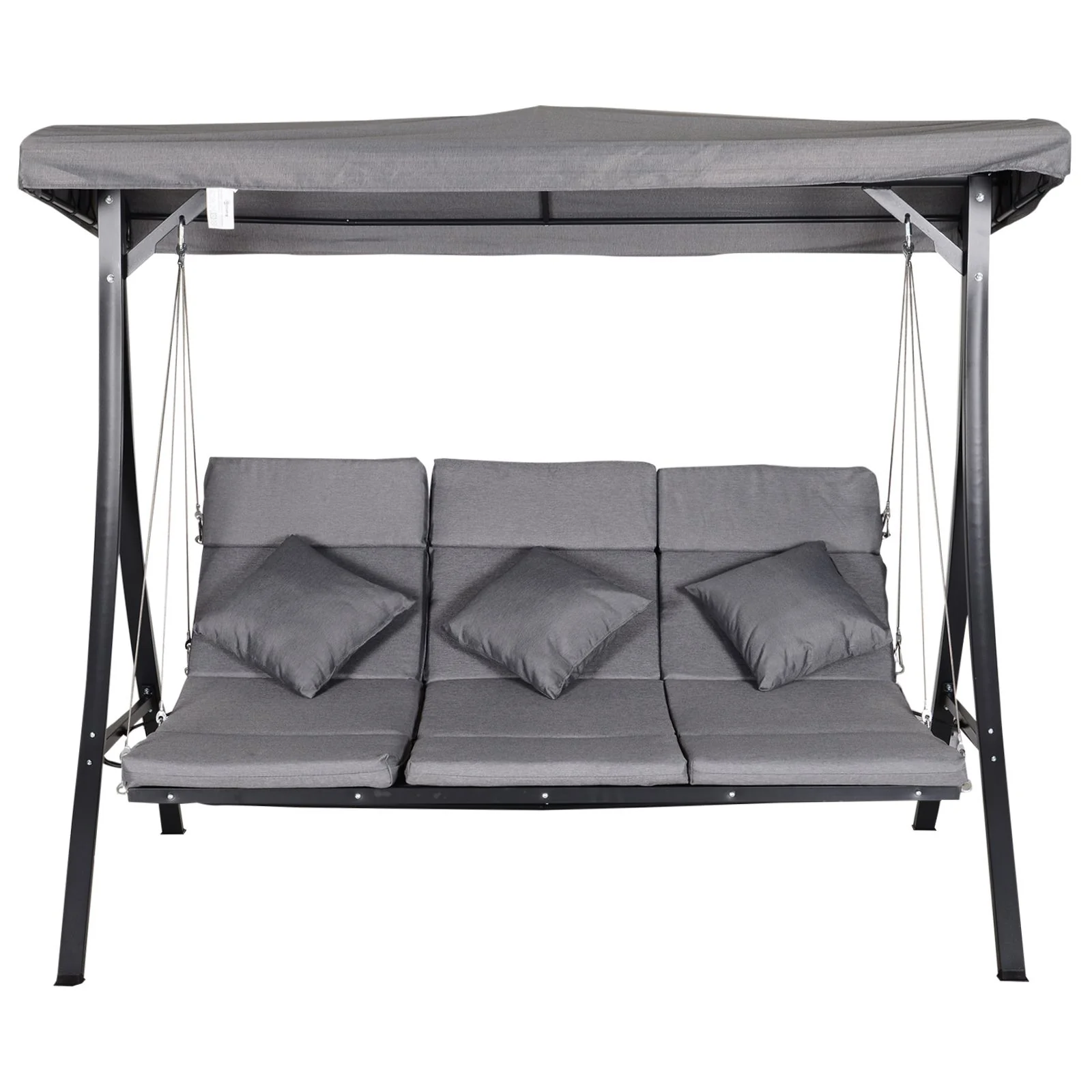 Easycomfort Dondolo da Giardino a 3 Posti, Dondolo da Esterno con Chaise Longue e Tetto Regolabile, Nero e Grigio, 200 x 115 x 168 cm