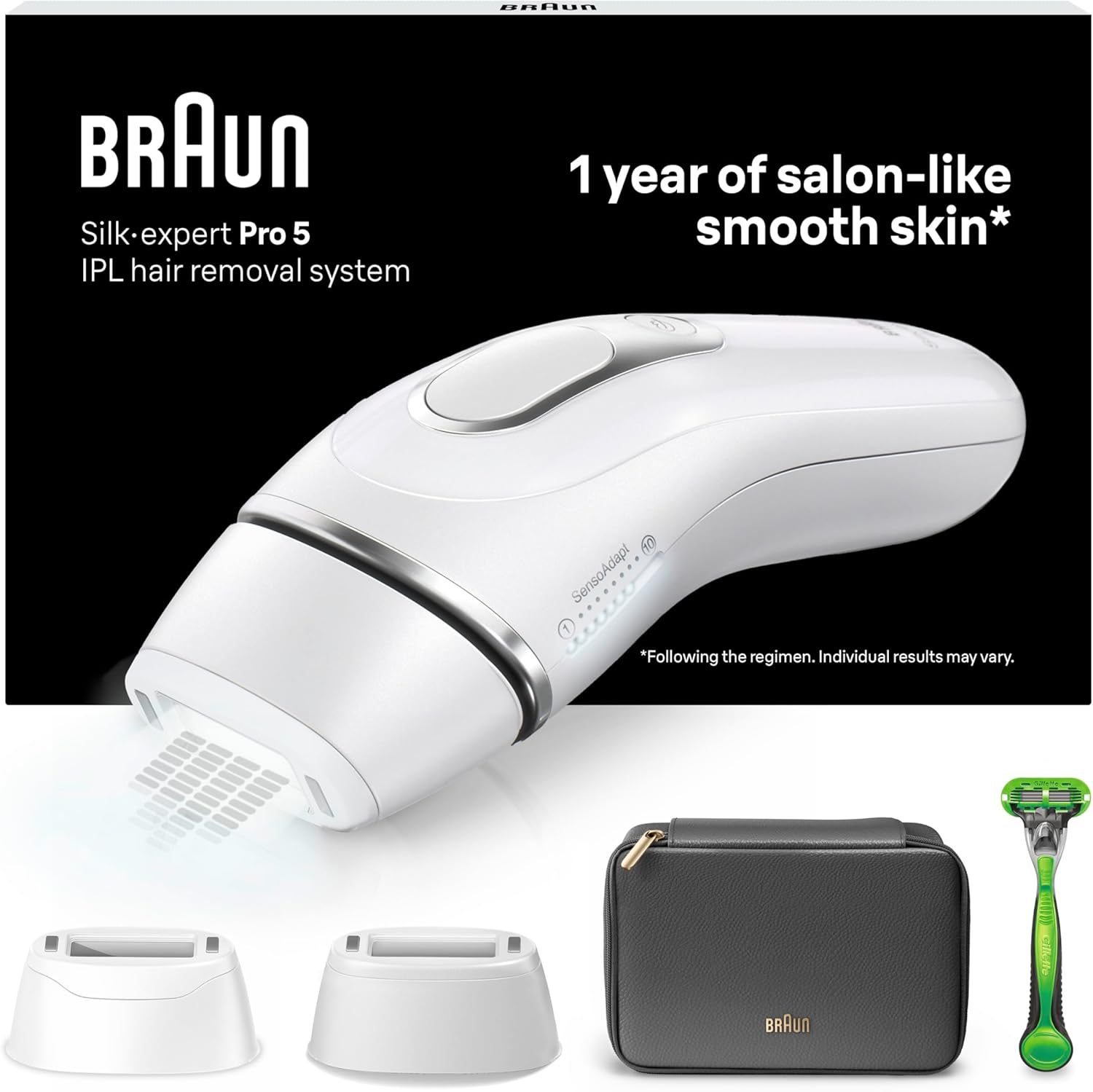 Braun Silk·expert Pro 5 Epilatore LUCE PULSATA, Epilazione A Casa, Alternativa All’Epilazione laser, Con Custodia, Rasoio Uomo Gillette, 2 Testine, Idea Regalo, Bianco/Oro, PL5145