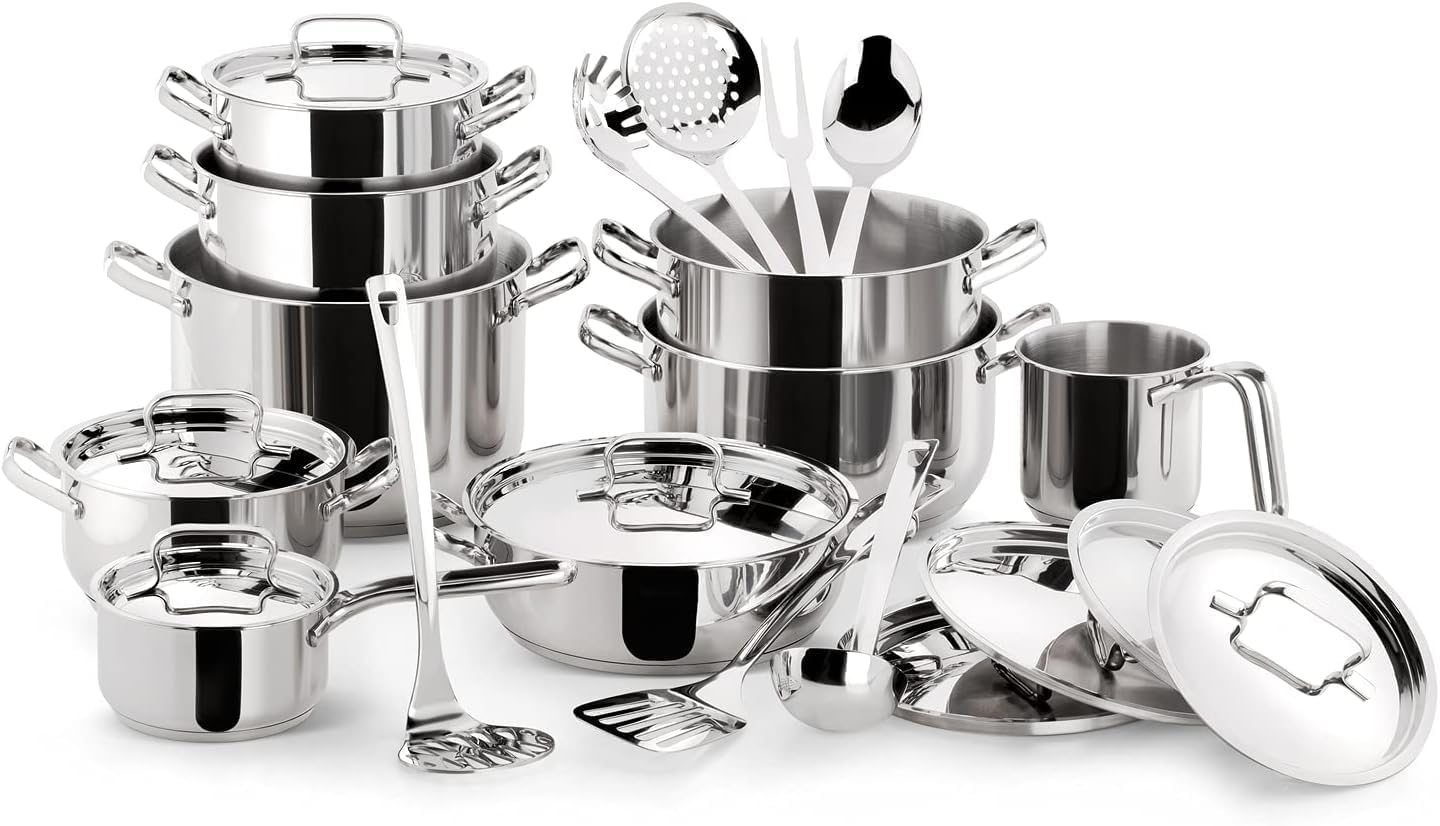 Lagostina Delicious Induction, Gas and Oven Set in 18/10 Stainless Steel, 24 Pieces, Lagoseal Plus Fund, with 5 Casseroles, 3 Pots, Milk Pans, 8 Lids, 7 Kitchen Utensils
