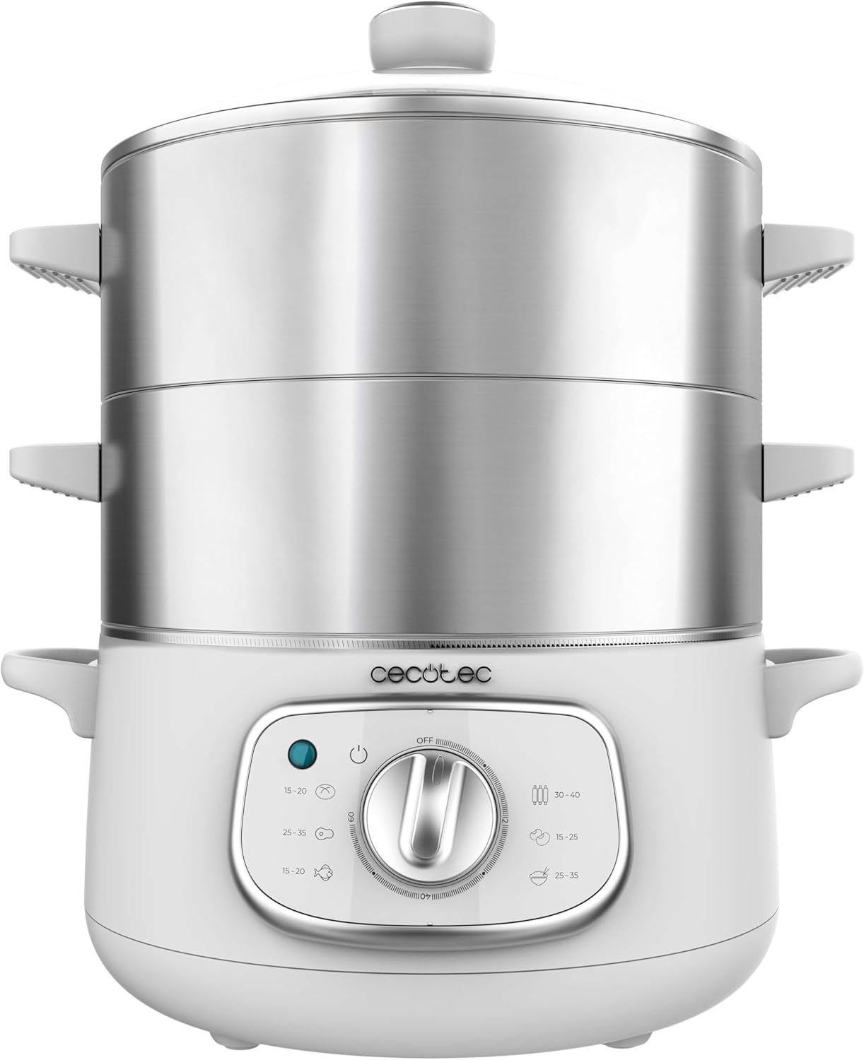 Cecotec Vapovita Steelpot White Electric Steamer. Power 1300W, Stainless Steel Containers, 10L Capacity, Adjustable Time, Automatic Shutdown, Easy Cleaning, Special Lid, Healthy Kitchen