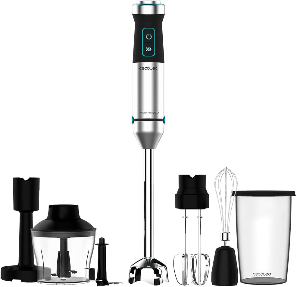 Cecotec Frullatore a Immersione Power Titanblack 1500 XL Perfectcream&Crush, 2300 W, 4 Lame Rivestimento Titanio Nero, Piede XL, Bicchiere 700 ml con Coperchio, Aste e Tritatutto con Becco Ghiaccio
