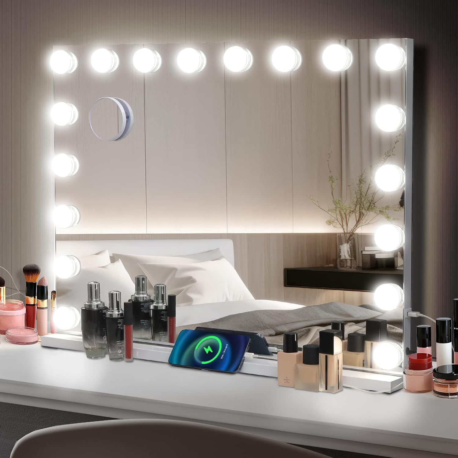 YU YUSING Specchio Trucco con Luci Hollywood, 58X45cm Specchio 15 Lampadine Led Trucco USB, 3 Temperature di Colore, Specchio da Tavolo 10X, Specchio Cosmetico da Parete, Controllo Tattile, Bianco