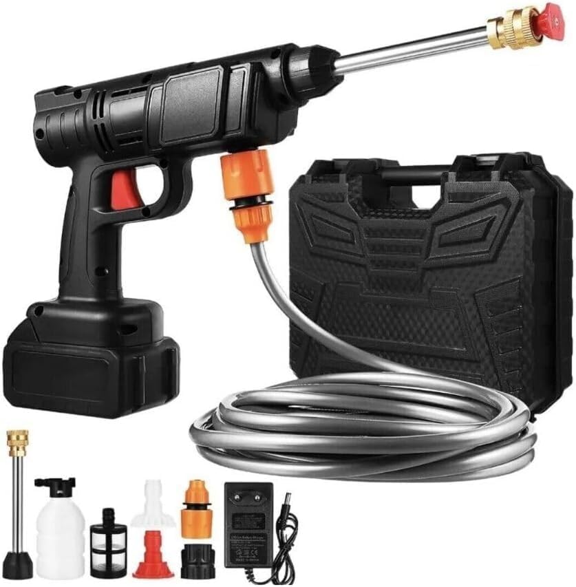 SQUADO Wireless Pressure Washer Gun with Adjustable Jet and 2 Rechargeable Batteries 8000 mAh, 50 PSI High Pressure Washer 3 m Hose and Convenient Case