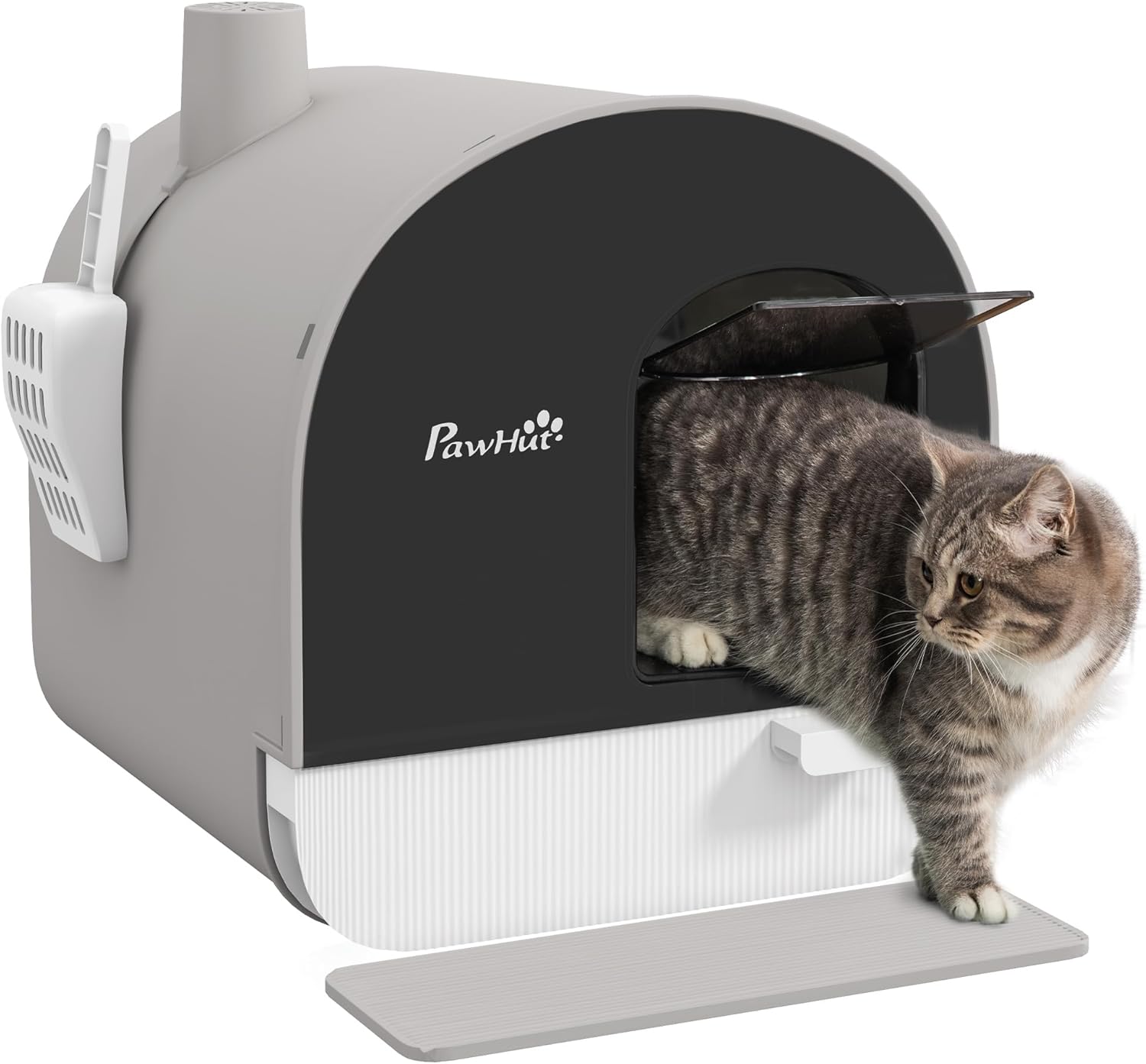 PawHut Lettiera per Gatti Chiusa, Casetta con Vassoio Estraibile, Paletta, Porta e Filtri Antiodore, Toilette per Gatti Antipertita con Tappetino, Bianco e Nero