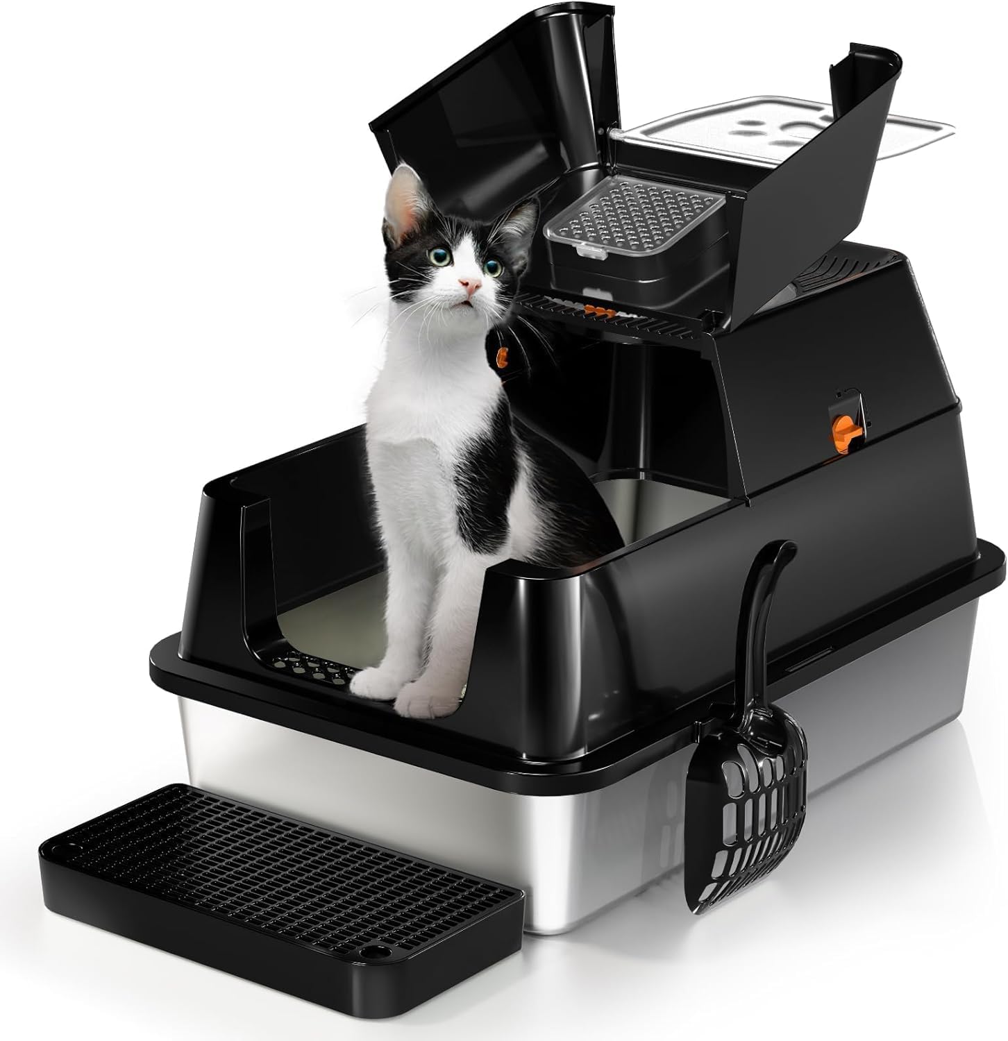 Lettiera per Gatti in Acciaio Inox, Lettiera Gatto Chiusa XXL, Lettiera Gatto Grande con Pala in Metallo, Doppio Strato Opaco Toilette per Gatti Grande - Grigio