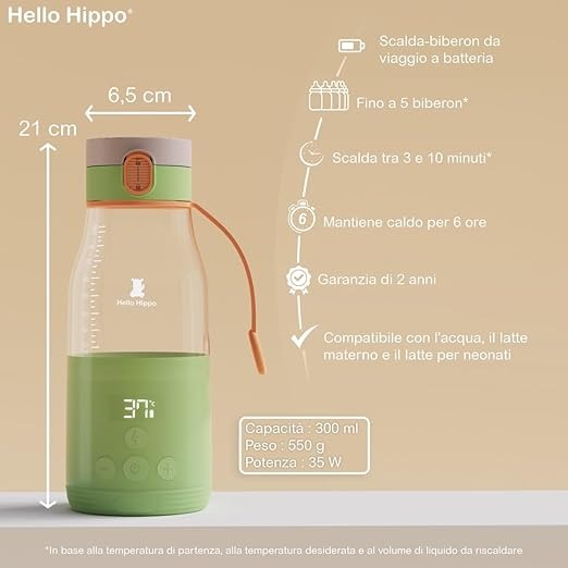 HELLO HIPPO® Premium Scaldabiberon portatile Carica USB - Scaldabiberon nomade per latte e acqua - Capacità 280 ml - incrementi di 30 ml - Temperatura regolabile fino a 50°C - Pratico e leggero