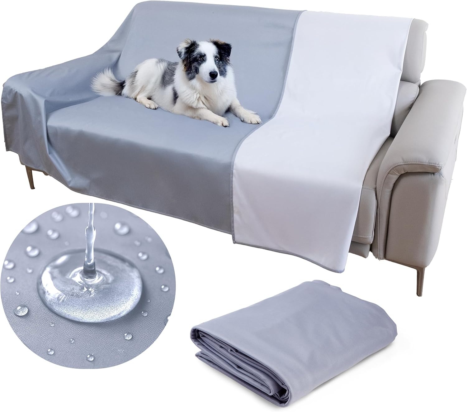 SILLY LEGACY Copertura Protettiva Sottile Reversibile Impermeabile (Grigio, Letto Matrimoniale 244 x 208 cm), Fodera per Letto o Divano per Cani e Gatti, incontinenza, urina, peli