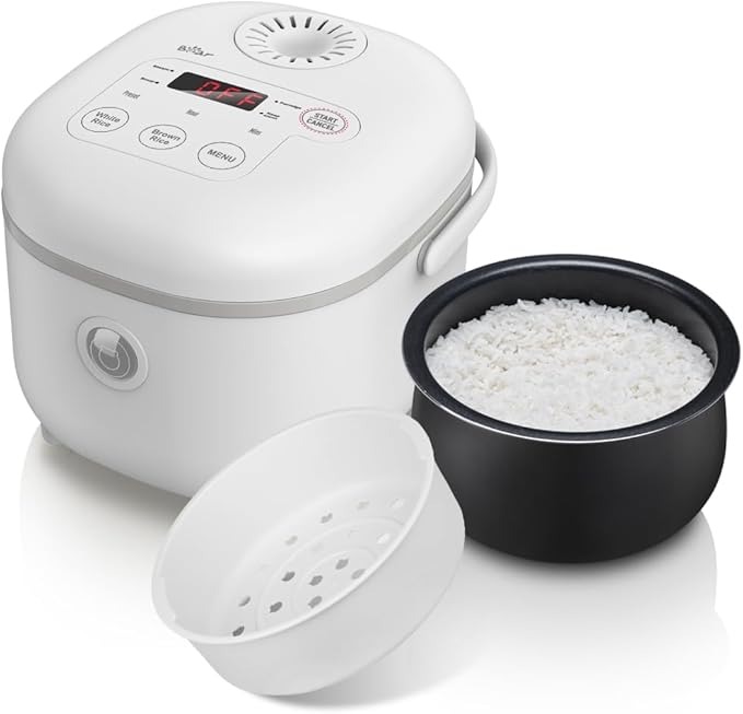 Bear Cuociriso 4 tazze (non cotte) con Vaporiera,Rice Cooker Mini Multifunzionale da 350W, 6 Funzioni di Cottura del Riso per 2-4 Persone,Bianco