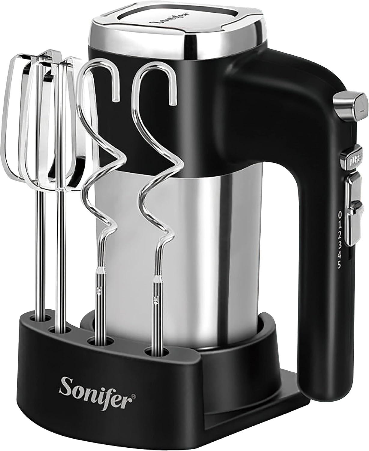 Sonifer Frullatore a mano in acciaio inox, 500 W, miscelatore elettrico, 5 livelli più turbo, design pulsante di espulsione, lavabile in lavastoviglie, 2 ganci, 2 fruste, 1 base [Classe di efficienza energetica A+++]
