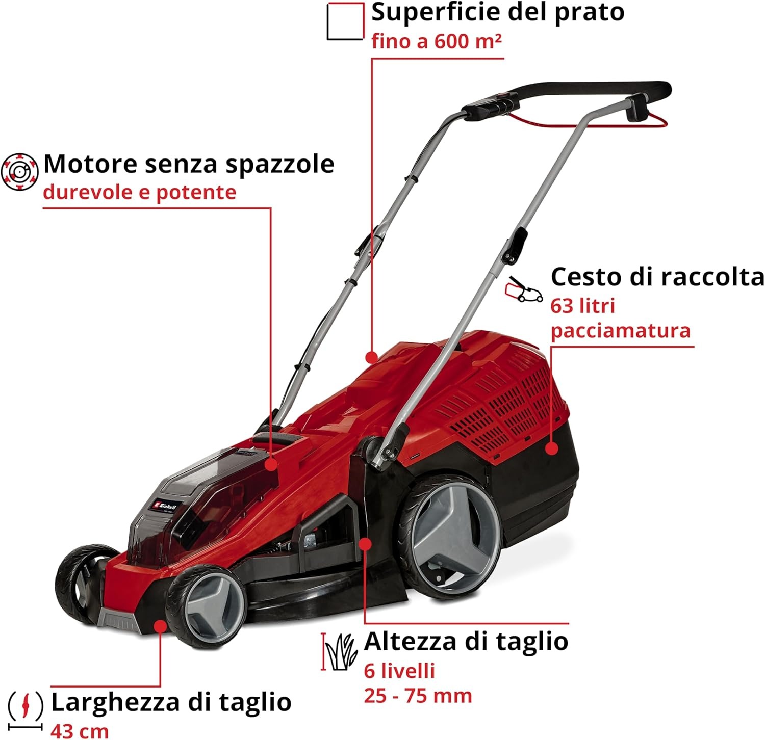 Einhell GE-CM 36/43 Li M - Solo Tagliaerba a batteria Power X-Change (36 V, taglio 43cm, raccolta 63 L, ruote ant.160 mm, ruote post.250mm, senza batteria e caricabatteria)
