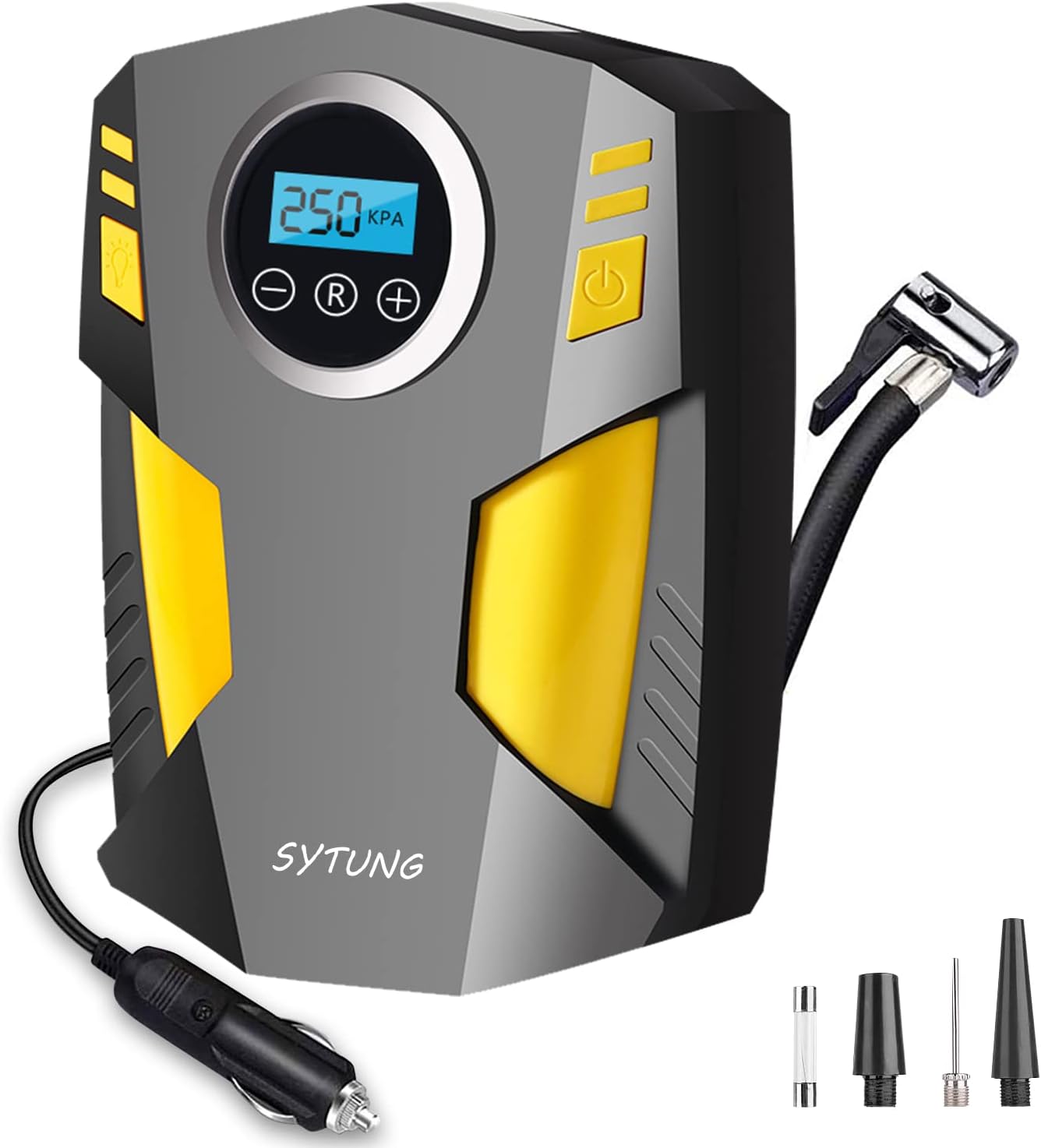 SYTUNG Compressore Aria Portatile, Compressore Aria Portatile Auto con 3 Adattatori per Ugelli e Luci LED Digitali per Pneumatici per Auto e Altri Prodotti Gonfiabili
