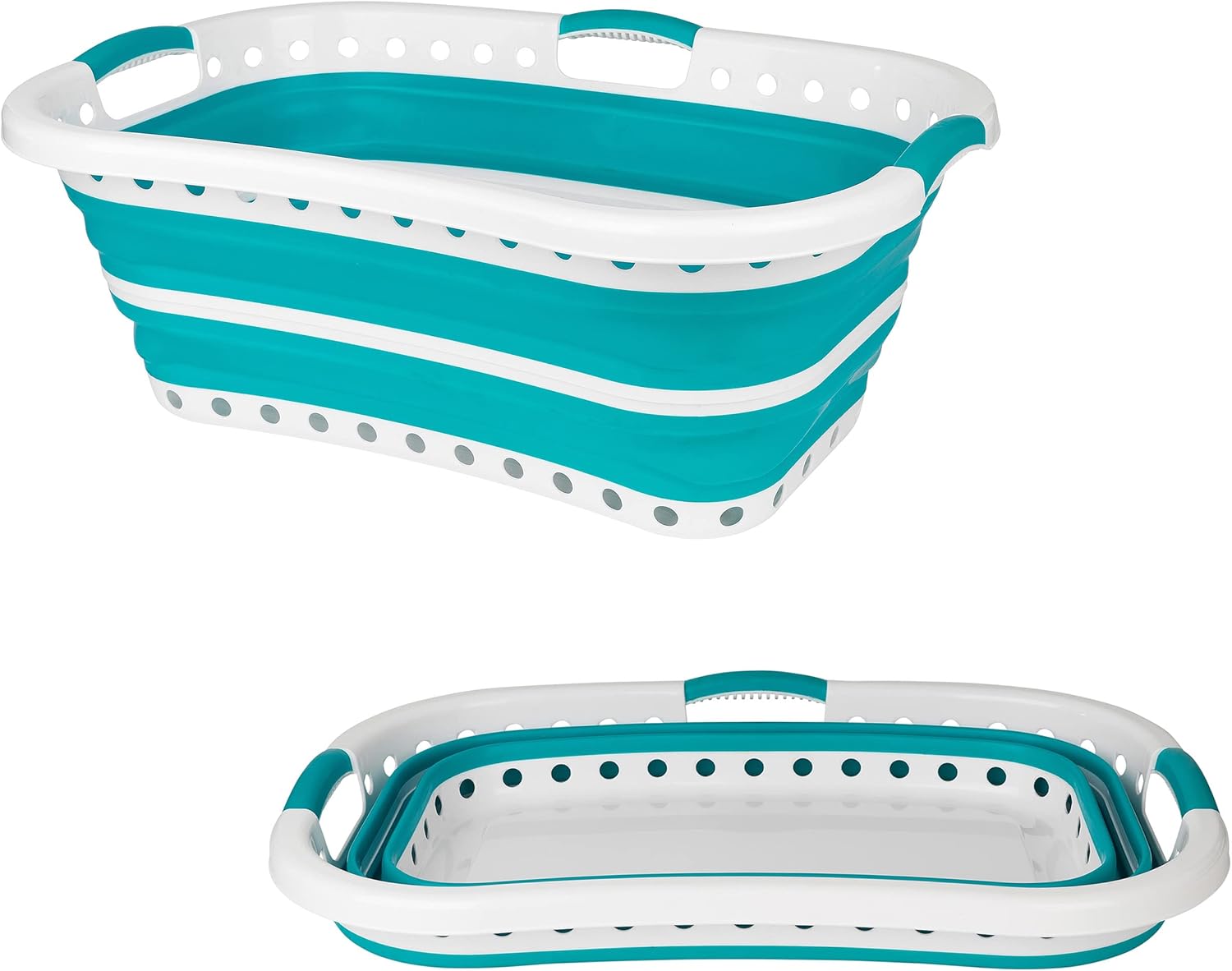 Beldray LA072979TQEU Laundry Basket, Curved and Shaped to Fit the Body, Oval Design that Huggers the Hips, Folding Basket, Ergonomic Handles for Non Slip Carry, 37 Litres, Turquoise
