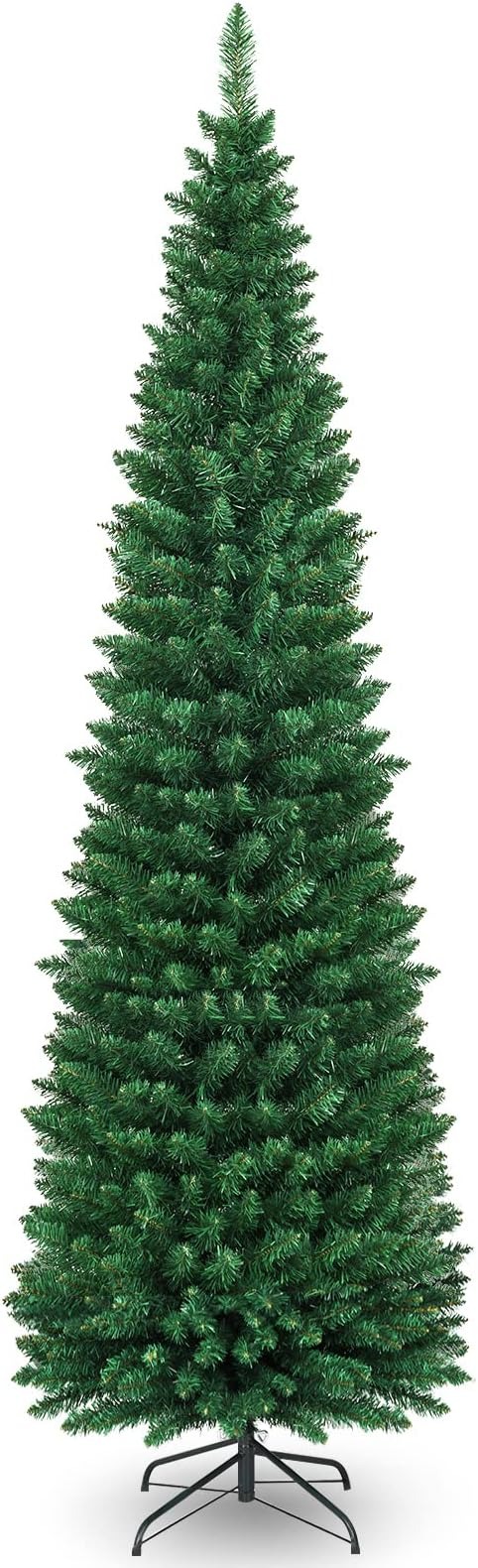 COSTWAY Albero di Natale 150/180/210/240 cm, Albero di Natale Slim con 220/400/700/1000 Rami Folti e Realistici e Base in Metallo, Albero di Natale Artificiale per Casa e Negozio, Verde (240 cm)