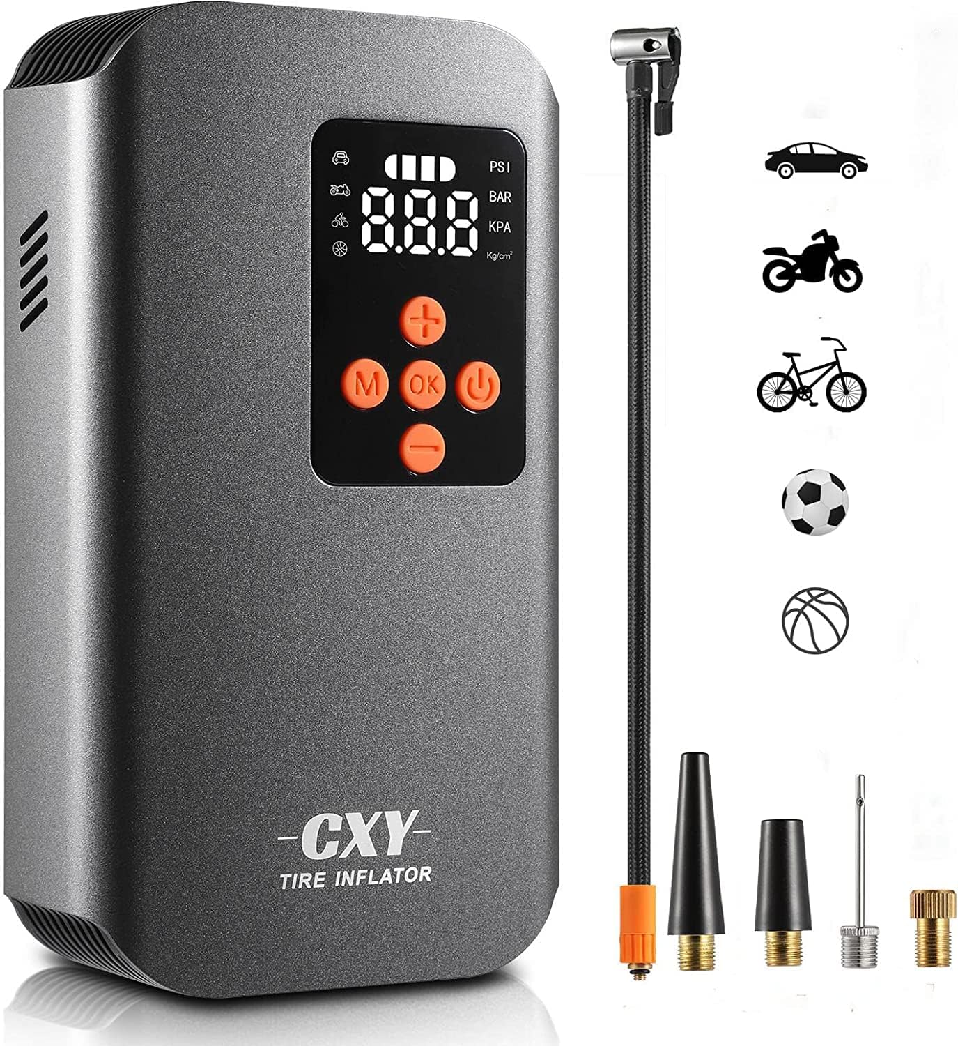 CXY 7500mah Compressore Aria Portatile Auto, Elettrico Pompa Elettrica per Bicicletta, Mini Compressore Pneumatici per Auto Ricaricabili con 4 Ugelli Diversi per Auto, Moto, Biciclette e Palloni