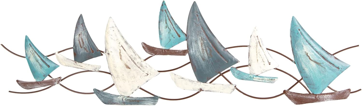 Logbuch-Verlag decorazione marittima da parete in metallo con barche color turchese bianco blu marrone crema decorare casa in stile marittimo bagno idea regalo muro 48 cm