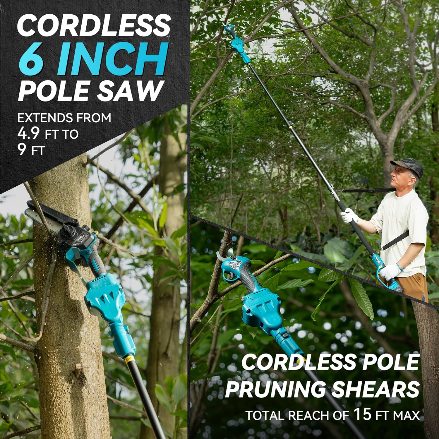 SEESII P6 Combo 6 Pollici Motosega a Batteria Telescopica & 33 mm Forbici Potatura a Batteria, 4-in-1 Kit Motosega e Forbici con 2 * 4000 mAh Batterie, Portata Massima Fino a 4,57 m