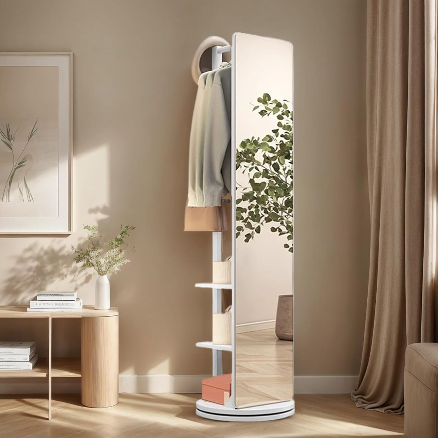 Girevole Full Body specchio appendiabiti ganci, Specchio a figura intera in legno massello rotante a 360° , 2-in-1 in piedi specchi con appendiabiti, per soggiorno Camera da letto Guardaroba