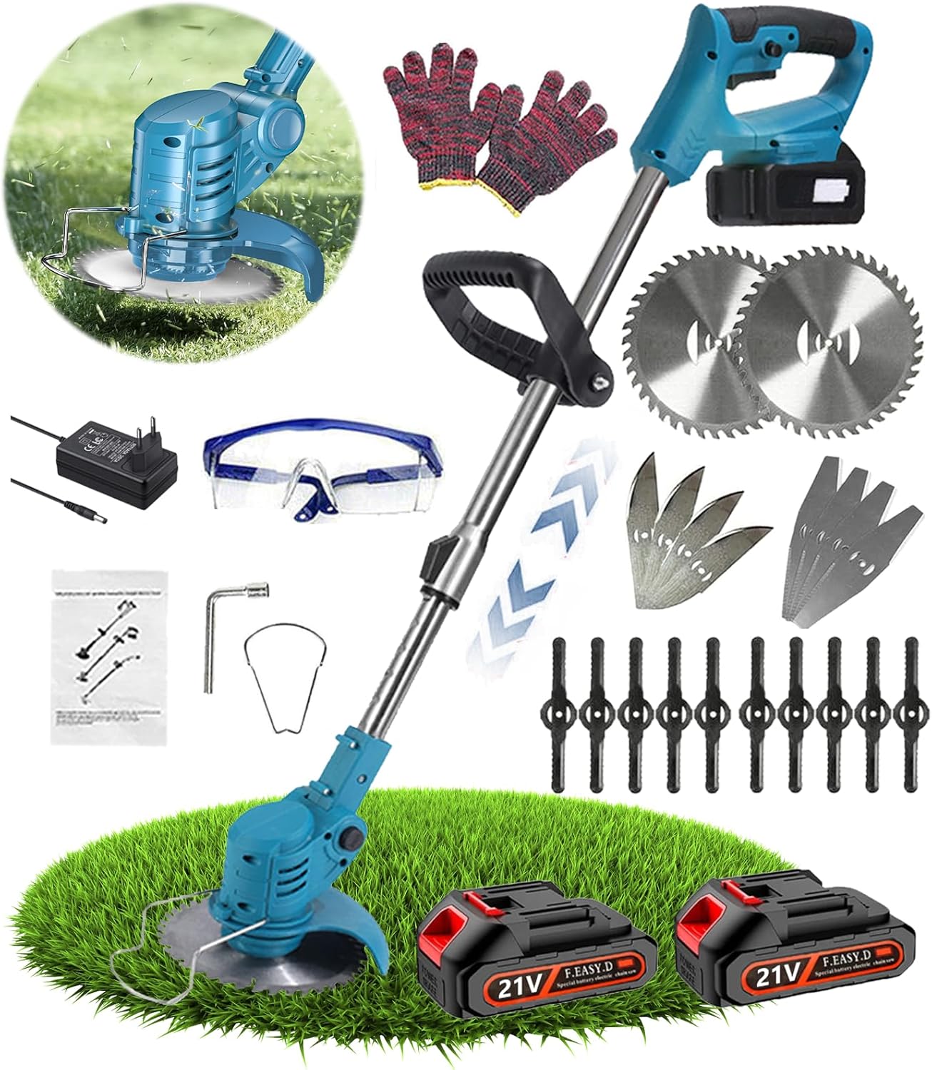 Wrneaoch Tagliabordi Decespugliatore a Batteria 21V Decespugliatore Elettrico con 11.000 RPM e motore da 750W con 2 Batterie da 4,0 Ah è Ideale per Tagliare l'erba in Modo Efficace e Senza Sforzo