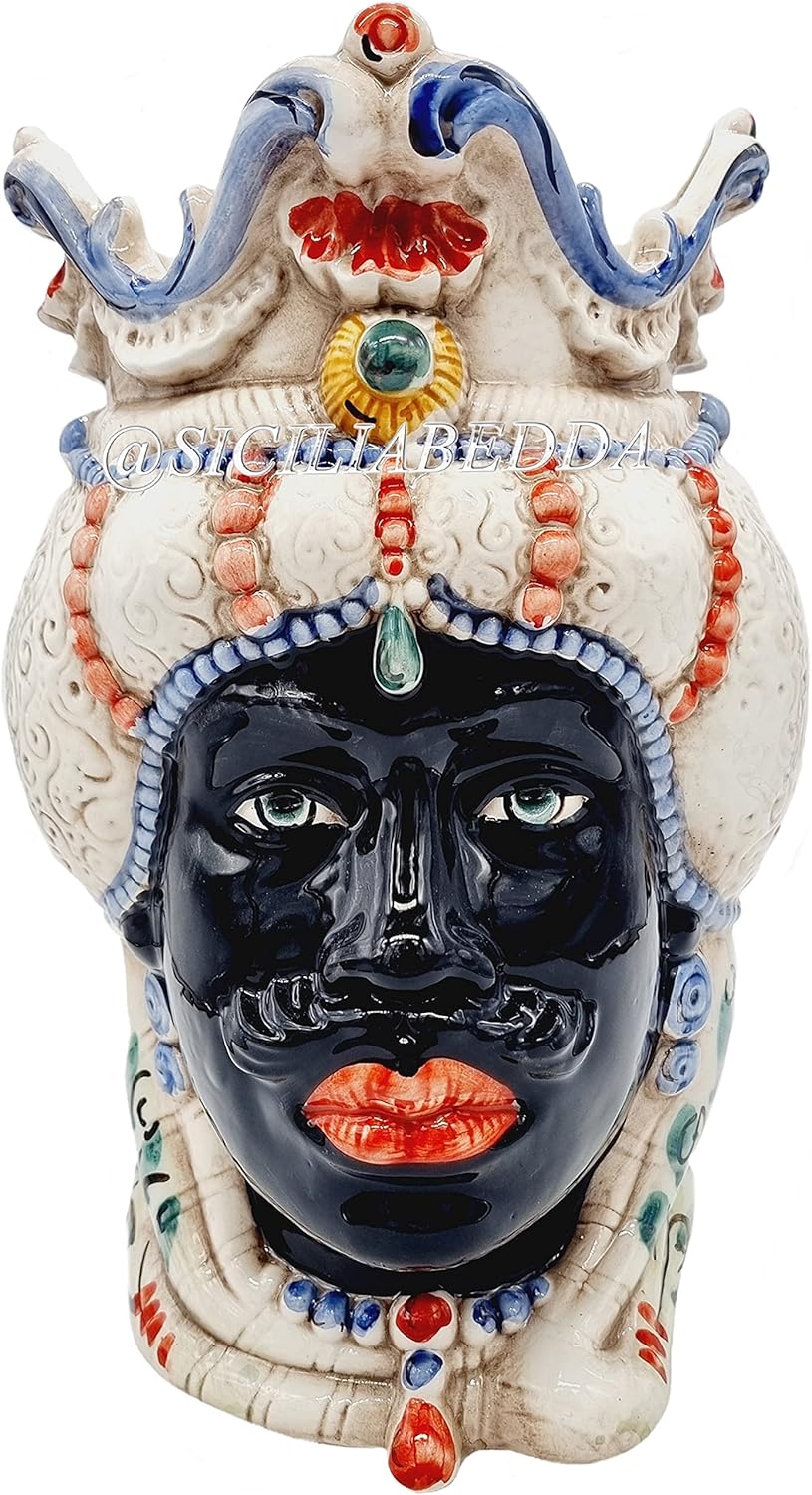 sicilia bedda - Teste di Moro Siciliane in Ceramica di Caltagirone - Realizzato Interamente a Mano - Altezza 18 Centimetri (Coppia Teste di Moro Saraceno Verde)