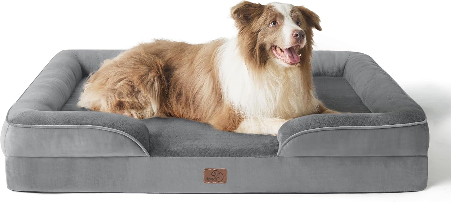 Bedsure Letto per Cani Grande 89x63x18cm - Divano per Cani Taglia Gande in Uovo Foam, Colore Grigio, Cuscino per Cani Sfoderabile e Lavabile