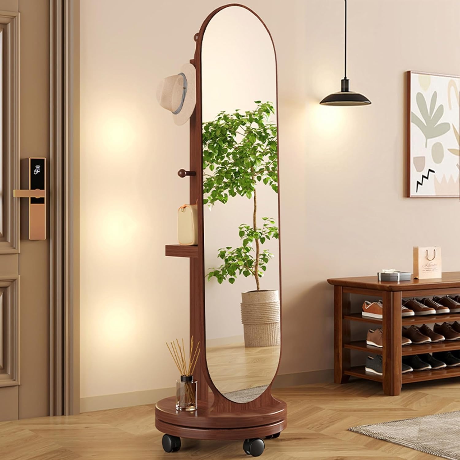 Specchio A Figura Intera Girevole A 360° in Legno Massello con Appendiabiti e Ruote Girevoli, Specchio da Terra Autoportante per Camera da Letto, Soggiorno